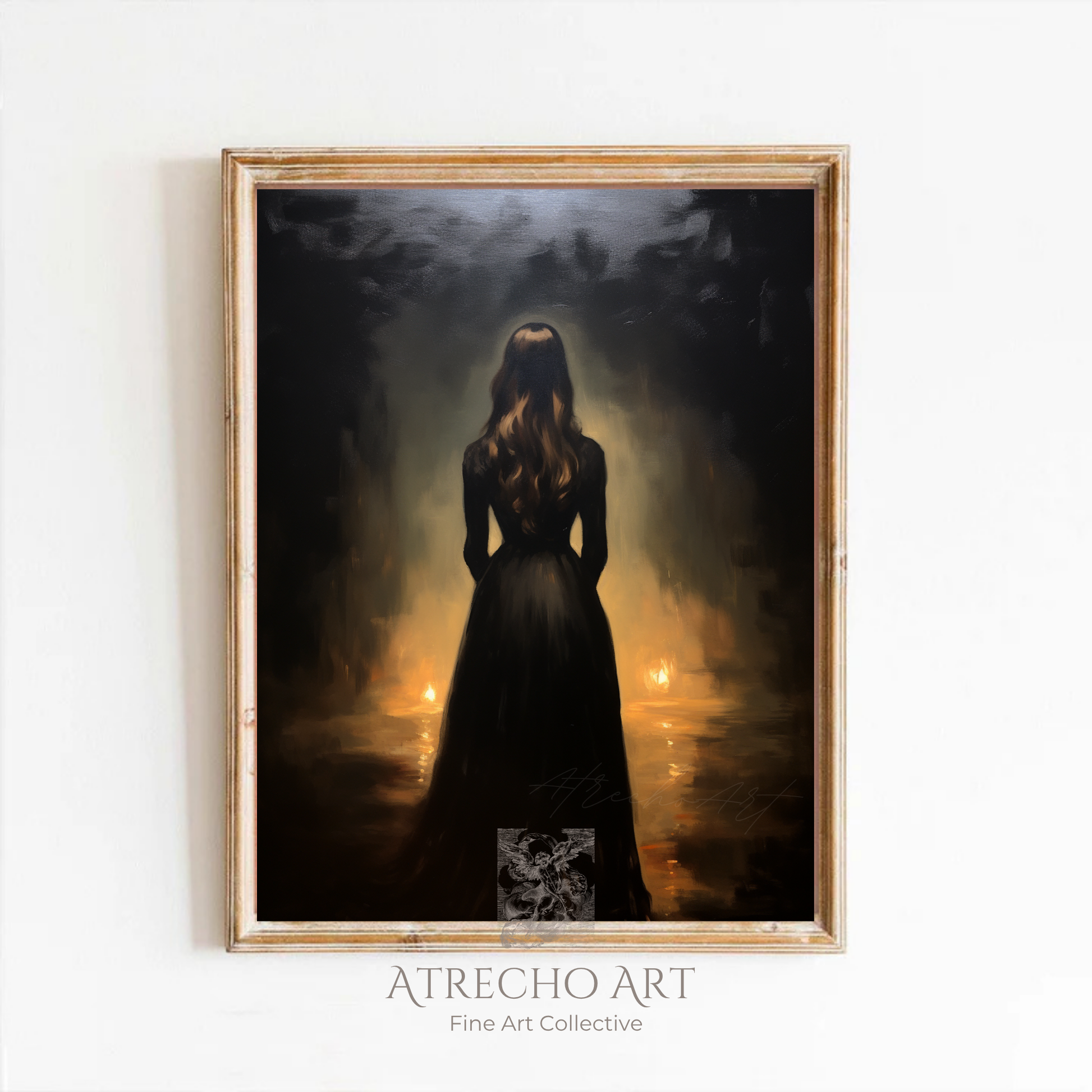 Dark oil painting print of a woman in a black gown facing away, candlelit, in a gilded wood frame on a white wall