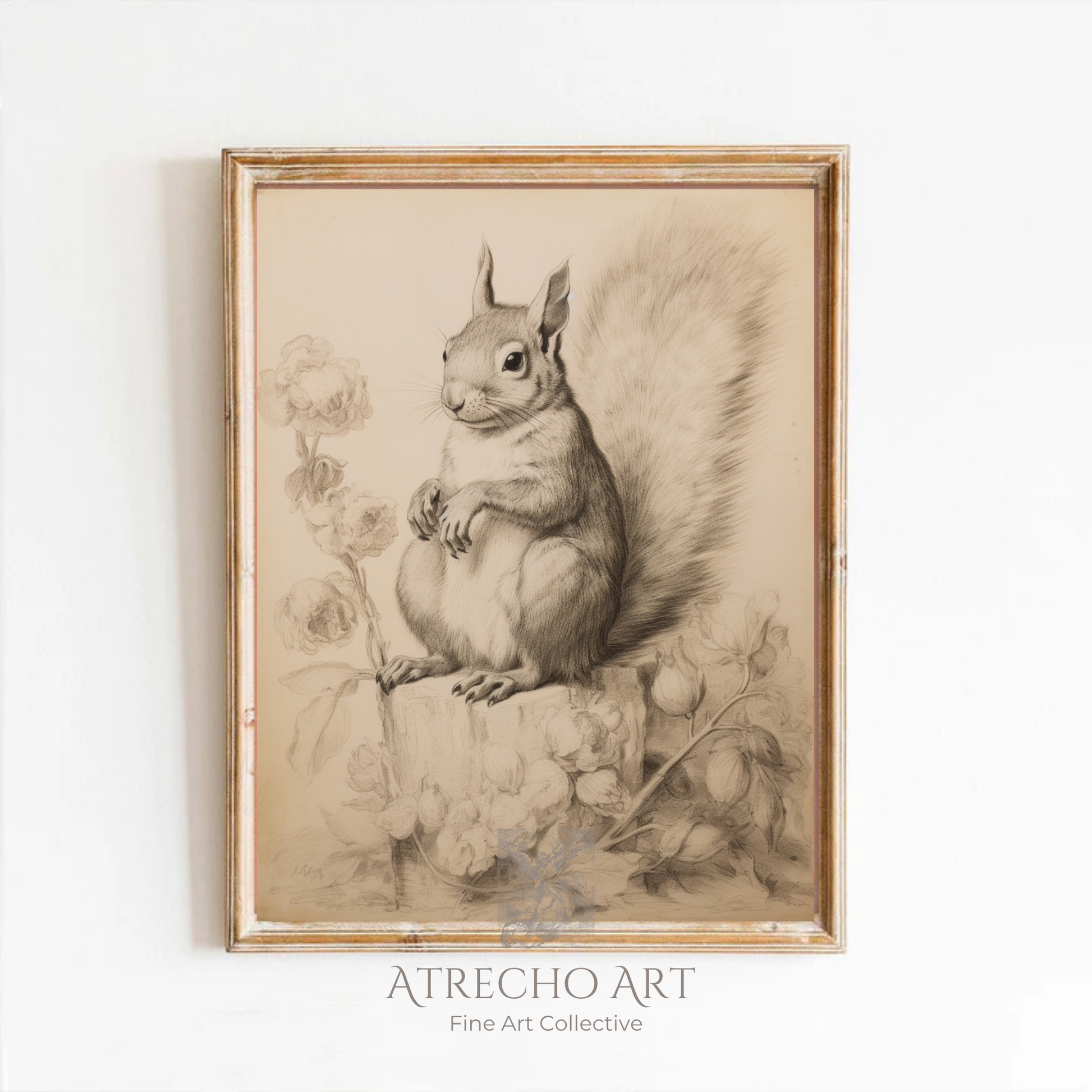 Red squirrel naturalist print in a wood frame on a neutral wall, vintage graphite wildlife study, by Atrecho Art