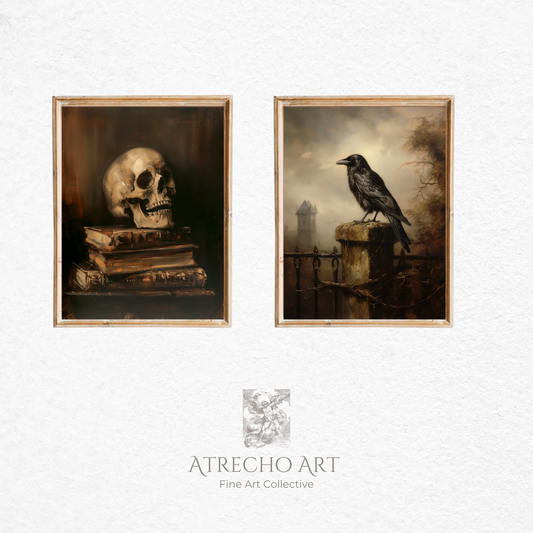 Dark academia memento mori art print featuring aged skull on antique leather books with moody chiaroscuro lighting in Spanish Renaissance style