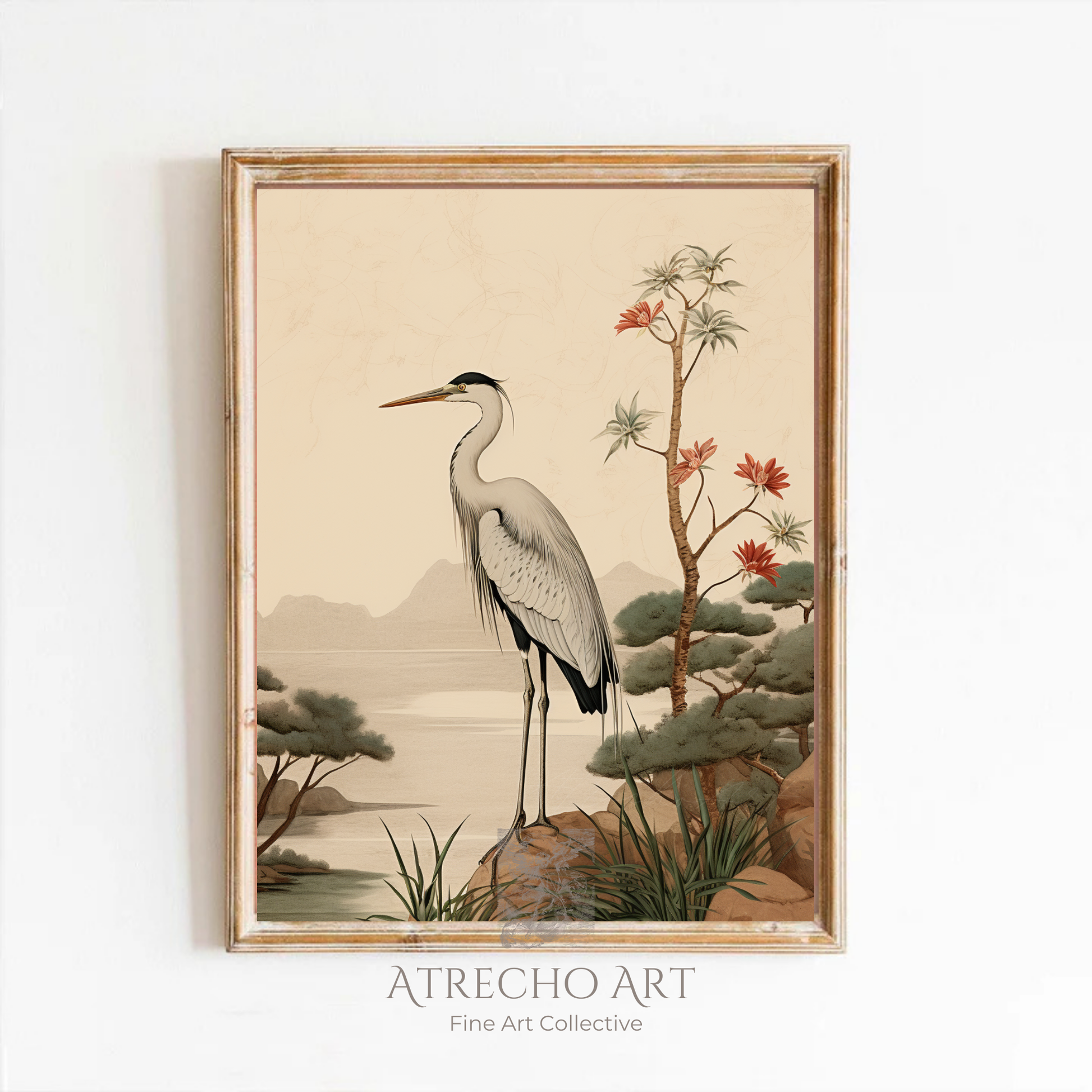 Vintage European-style heron bird illustration with autumn foliage and flowering branches in warm earth tones, perfect for cottage core and Old World Spanish inspired home decor