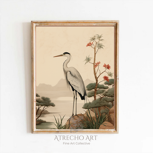 Vintage European-style heron bird illustration with autumn foliage and flowering branches in warm earth tones, perfect for cottage core and Old World Spanish inspired home decor
