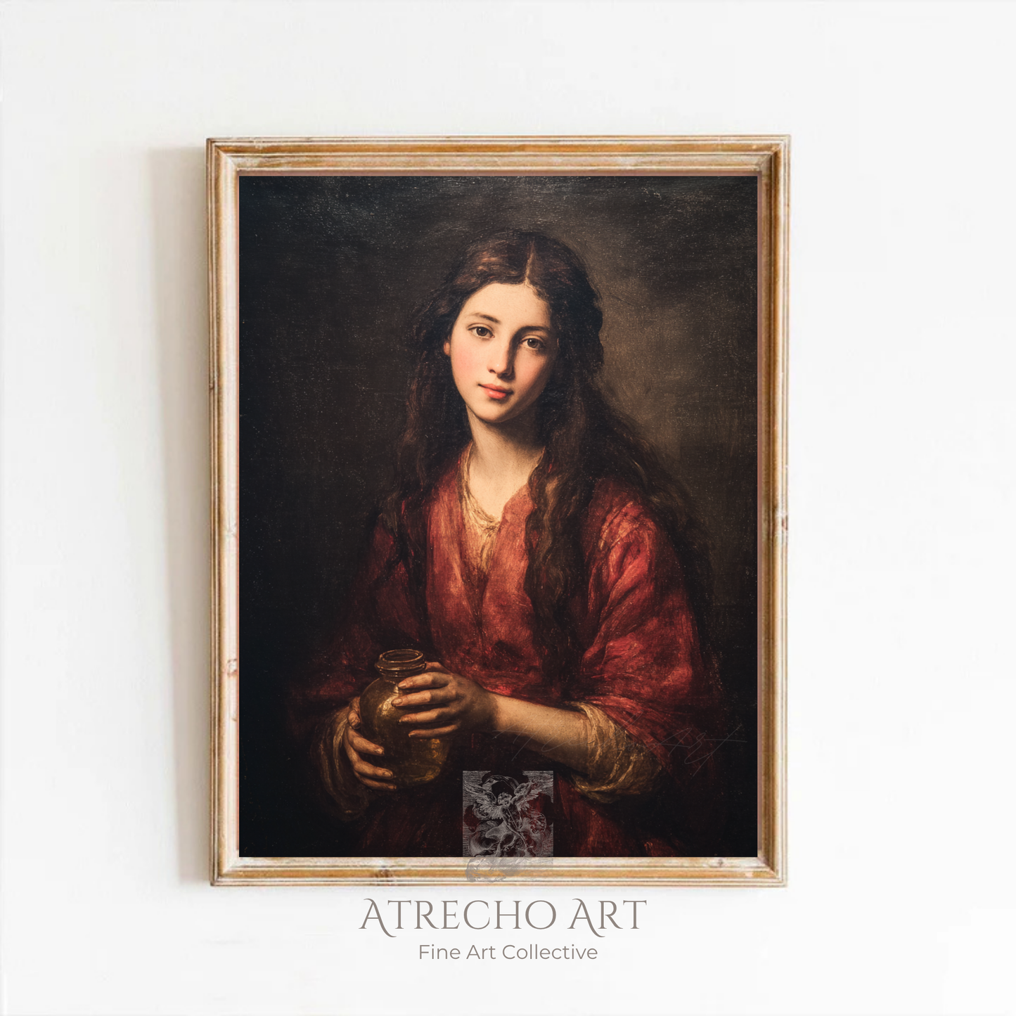 Mary Magdalene art print in a distressed gold ornate frame on a warm plaster wall — Spanish Baroque religious portrait, RE10 by Atrecho Art