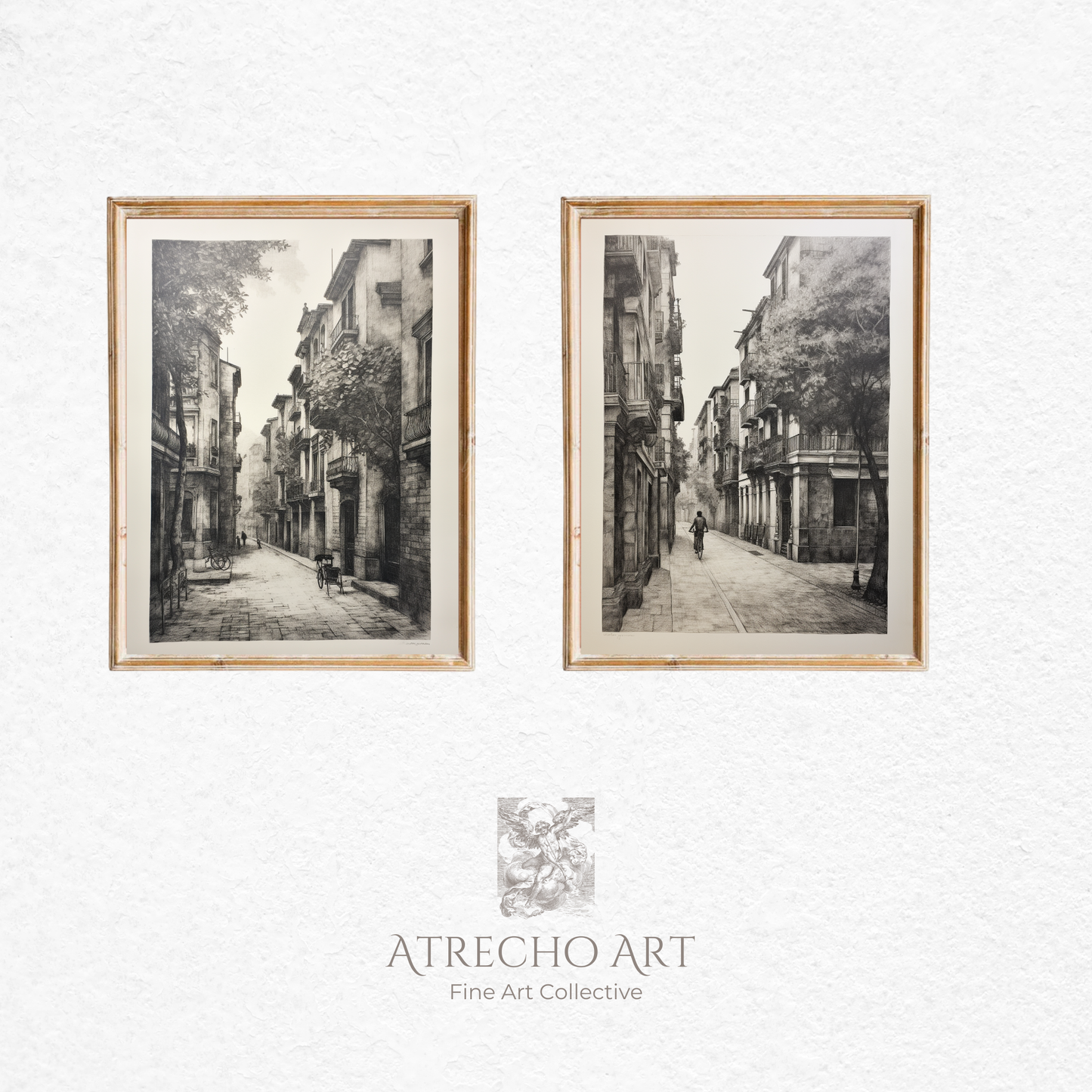 Vintage European street art prints set featuring historic cobblestone streets and Old World architecture, perfect for travel-inspired gallery walls