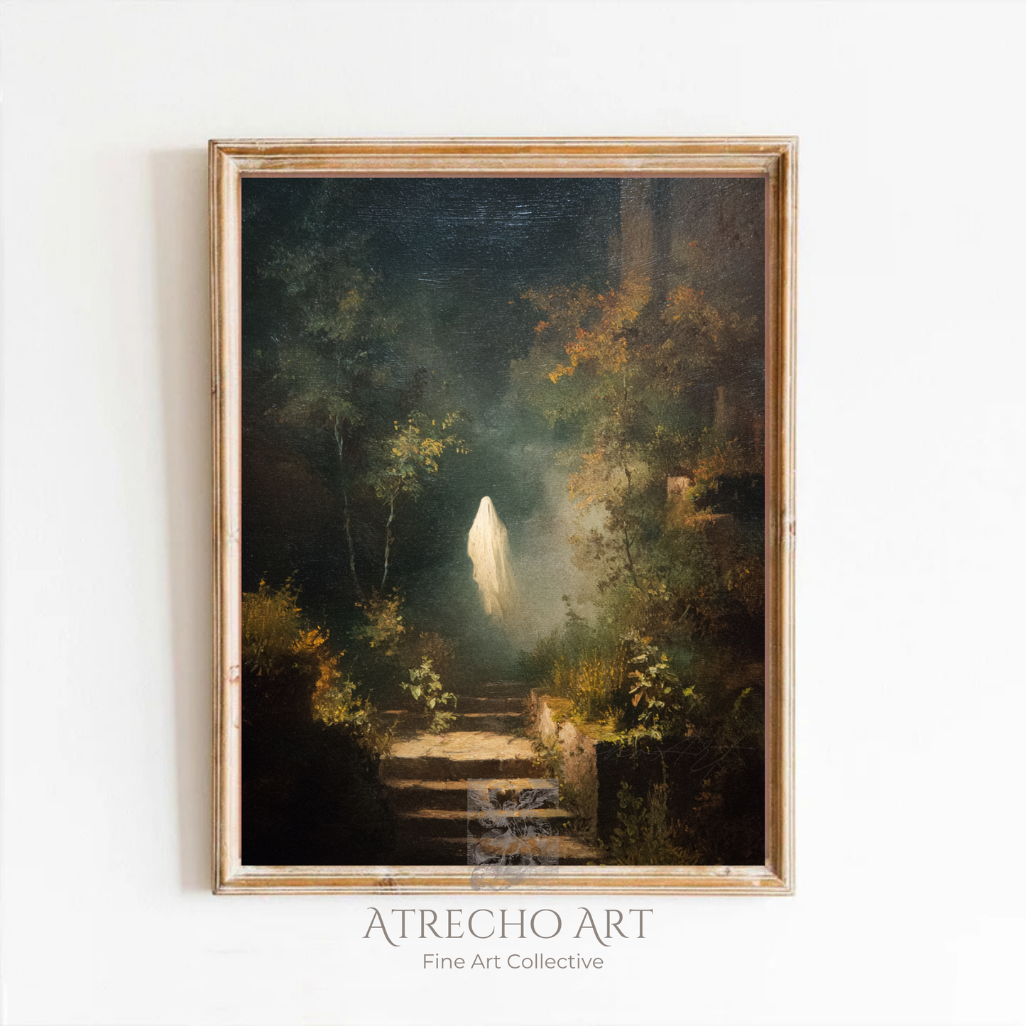 Ghost garden art print featuring ethereal white spirit ascending weathered stone steps in dark overgrown garden with golden autumn foliage and moody lighting