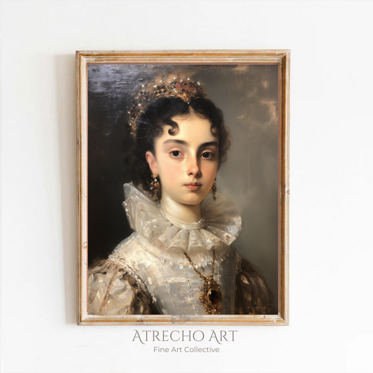 Classical noblewoman portrait with ornate jewelry and white Renaissance collar, museum-quality art print celebrating European heritage