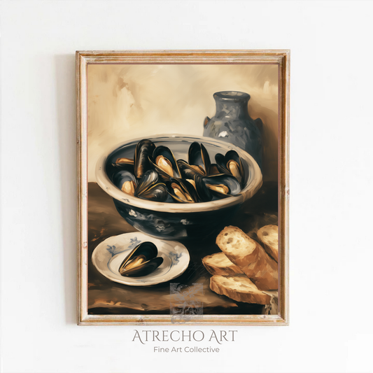 Mussels still life art print in a light wood frame on a white wall — Spanish bodegon kitchen art by Atrecho Art