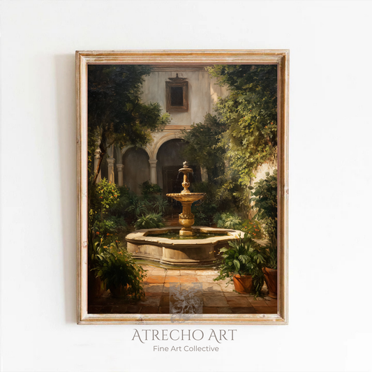 Spanish courtyard art print in a wood frame on a neutral wall, sunlit patio with stone fountain, by Atrecho Art