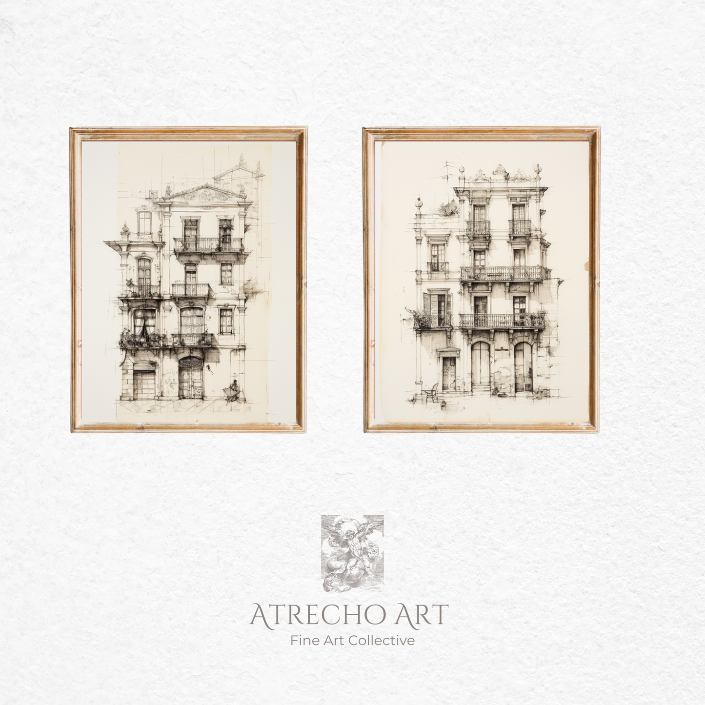 Spanish colonial architecture print set featuring two vintage building prints with ornate iron balconies and weathered stone facades in coordinating sepia tones