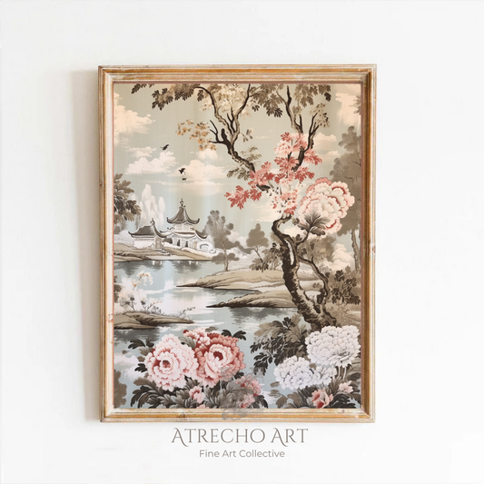 Chinoiserie art print in a wood frame on a neutral wall — grey pagoda garden panel by Atrecho Art