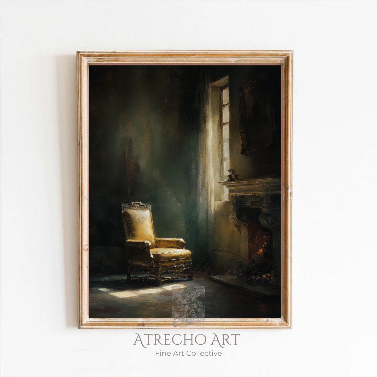 Vintage interior scene with golden upholstered chair by window in dramatic lighting for dark academia cottagecore decor