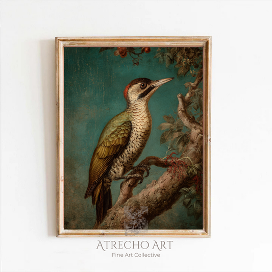 Vintage woodpecker art print illustration with botanical elements on teal background, natural history style