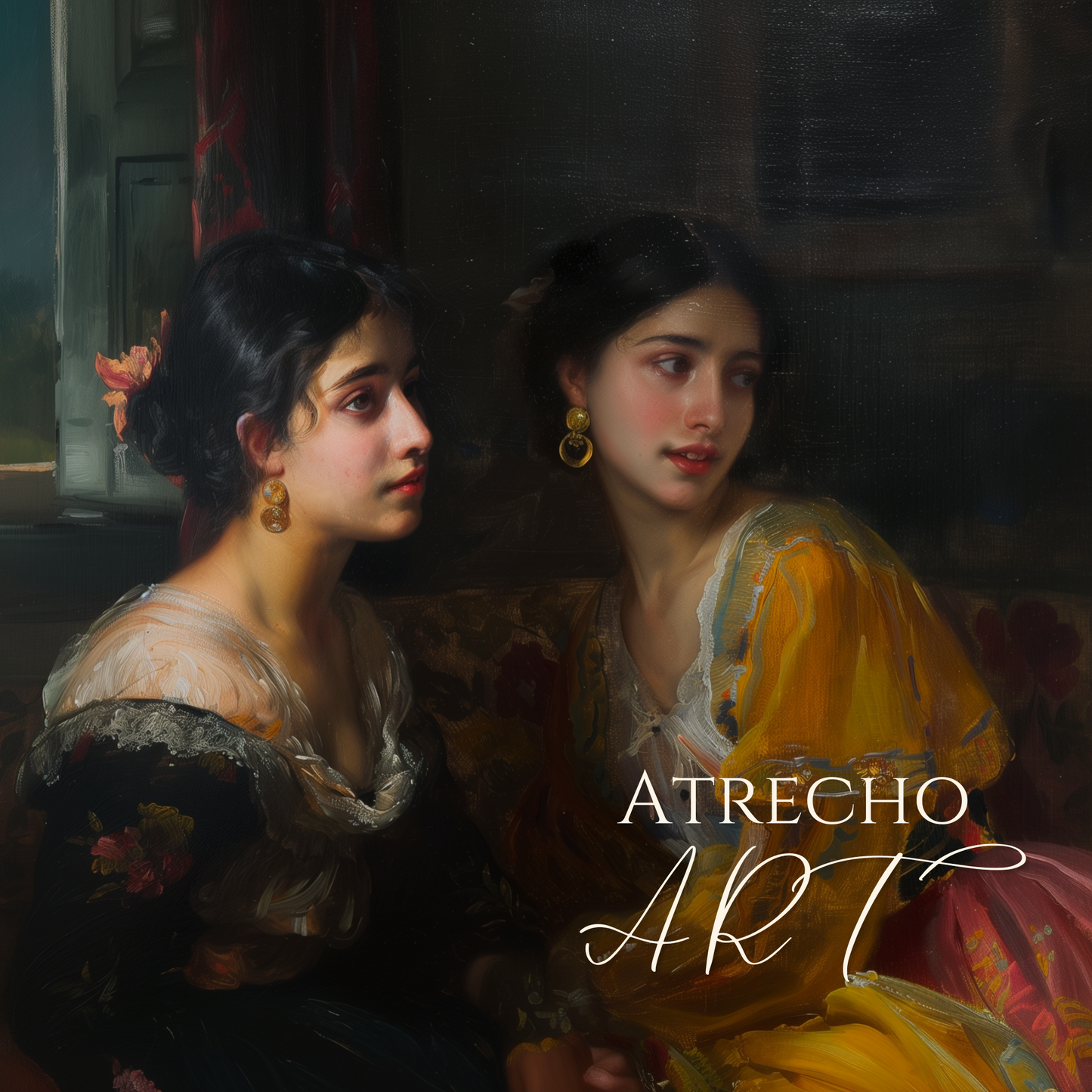 The Dancers Spanish classical portrait print showing two elegant women in 19th century period dress perfect for dark academia wall decor