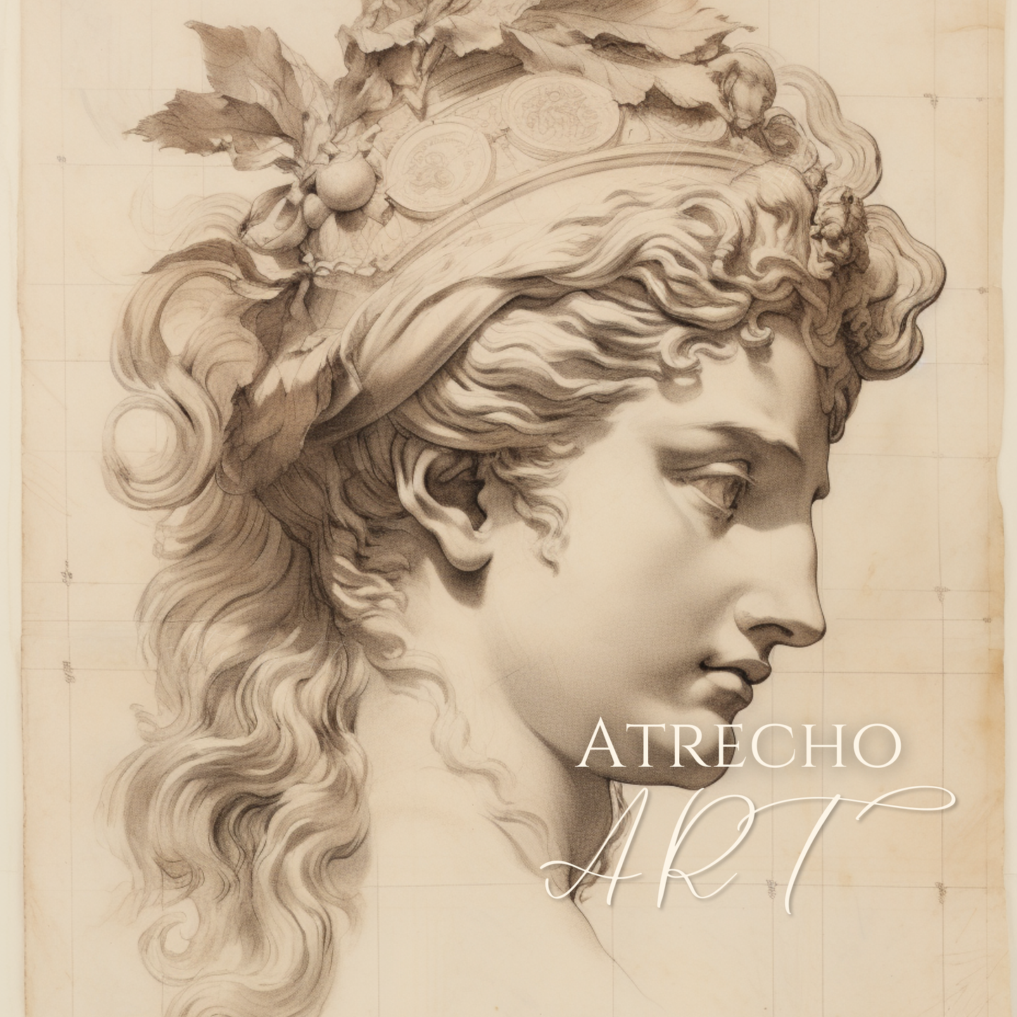 Persephone art print in warm sepia, classical goddess profile sketch with oak-leaf crown on antique parchment PE55