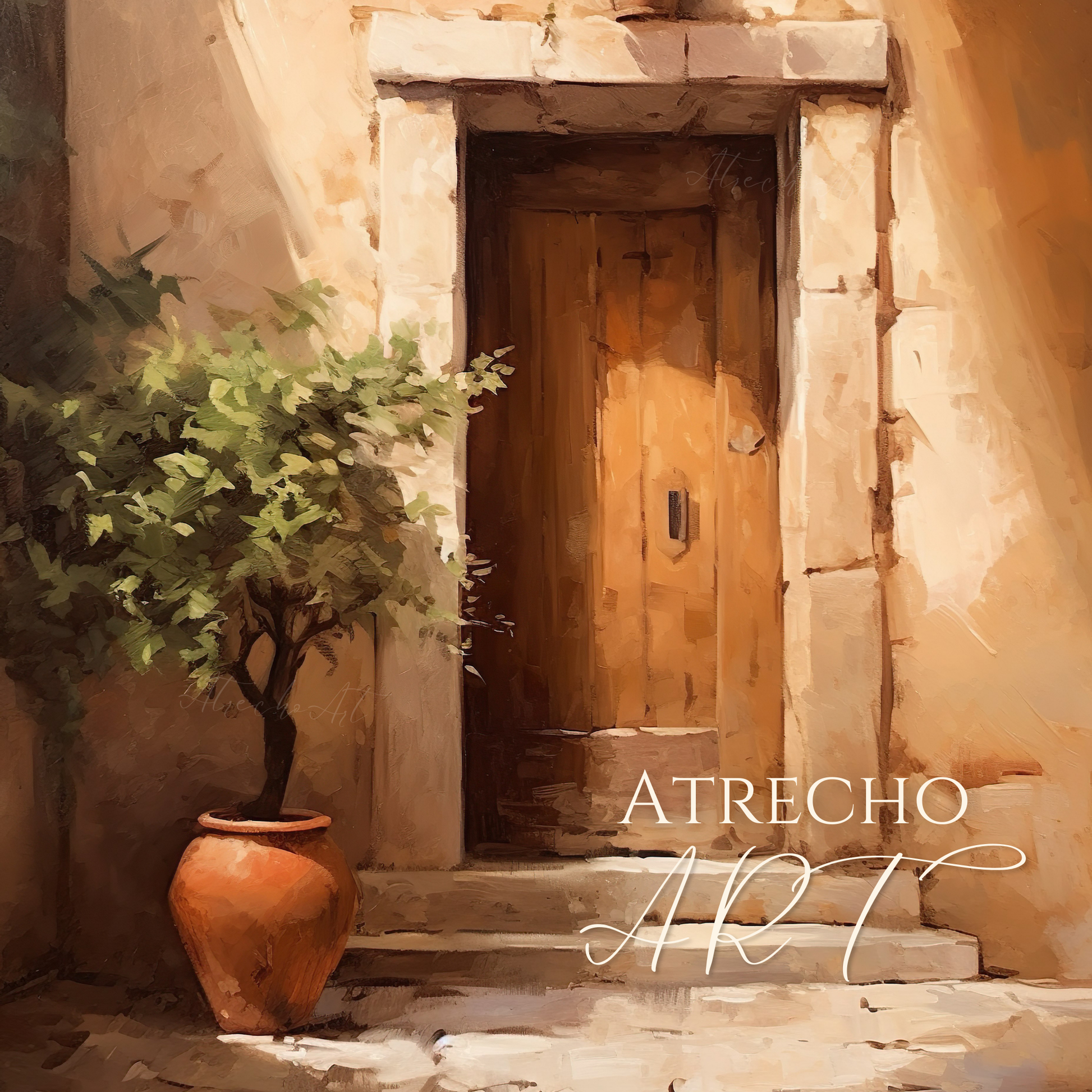 Mediterranean villa door with terracotta planters and weathered stone. Spanish courtyard architecture art print on museum-grade paper.