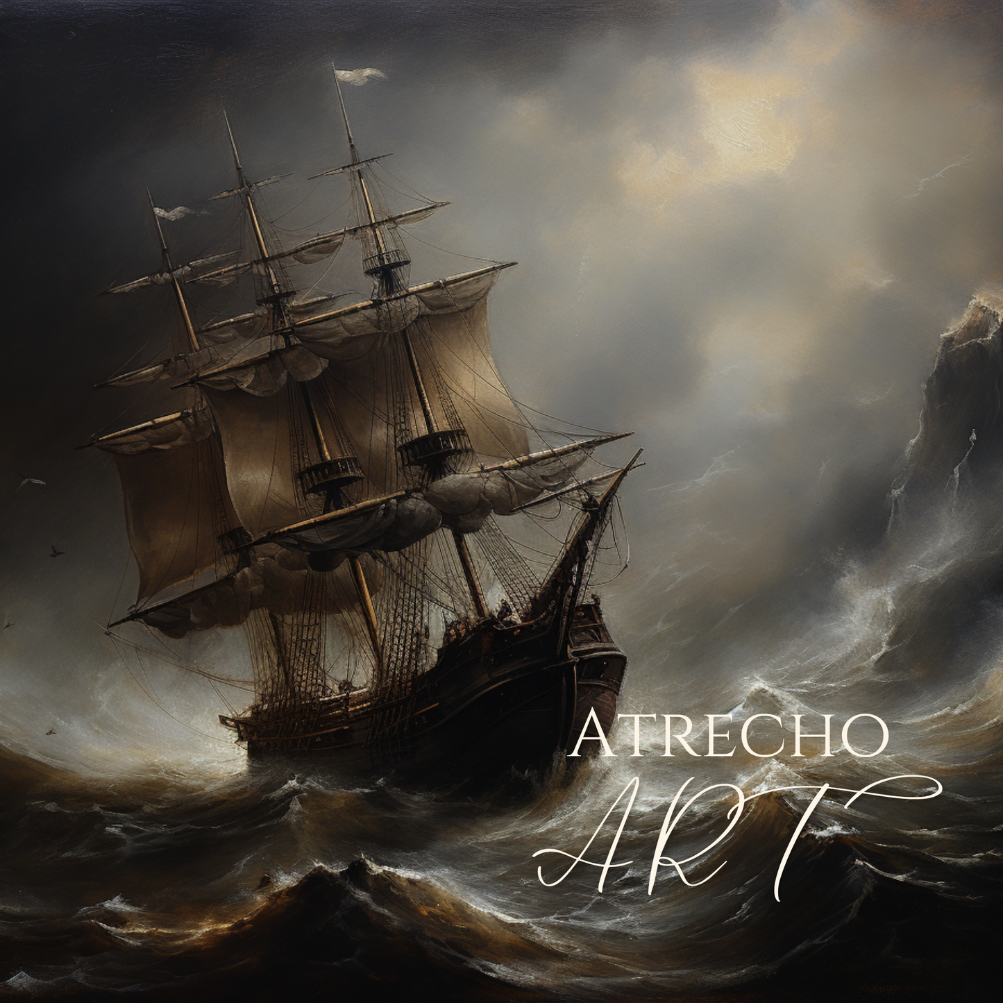 Dramatic stormy sea art print featuring Spanish galleon ship battling turbulent ocean waves under moody storm clouds with golden light breaking through