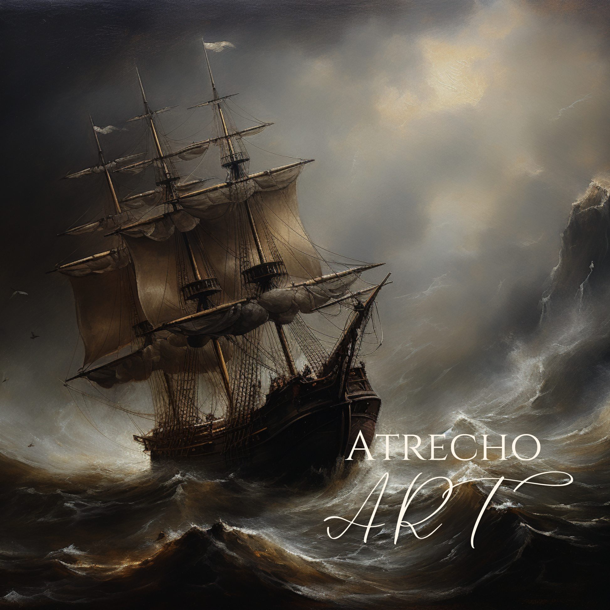 Dramatic stormy sea art print featuring Spanish galleon ship battling turbulent ocean waves under moody storm clouds with golden light breaking through