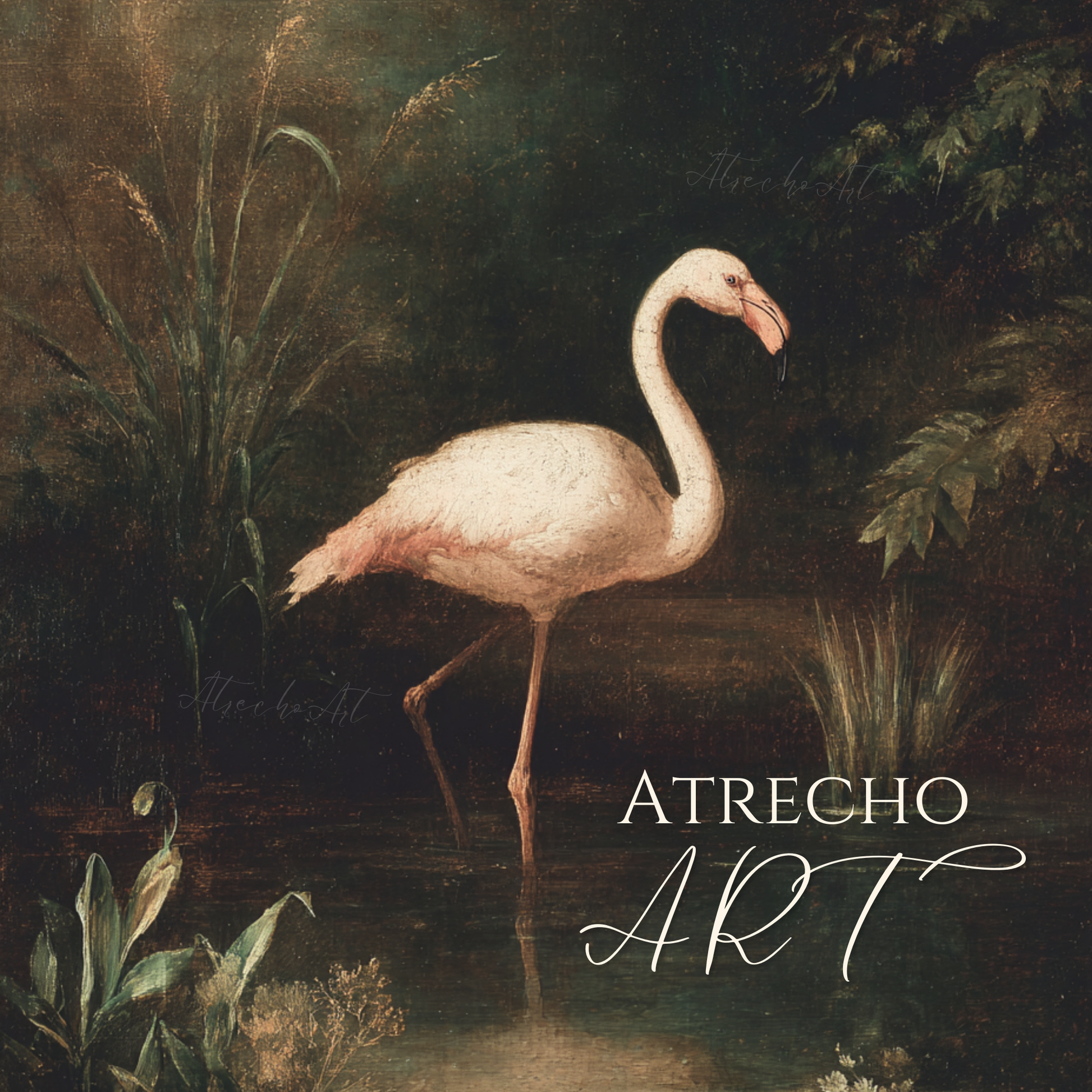 Flamingo art print inspired by 19th-century Andalusian natural history illustration, archival quality