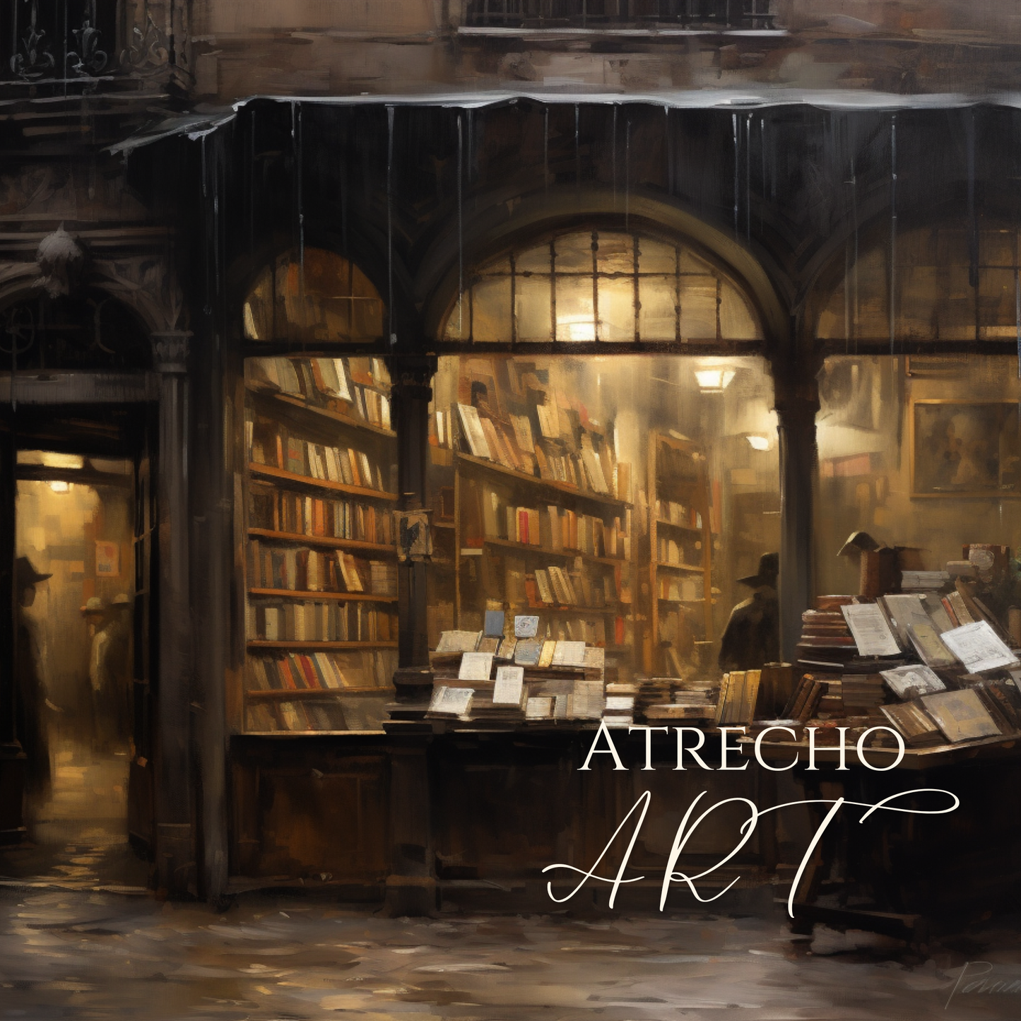 Old bookshop art print showing floor-to-ceiling shelves with iron balcony and warm amber light, AR24 by Atrecho Art 