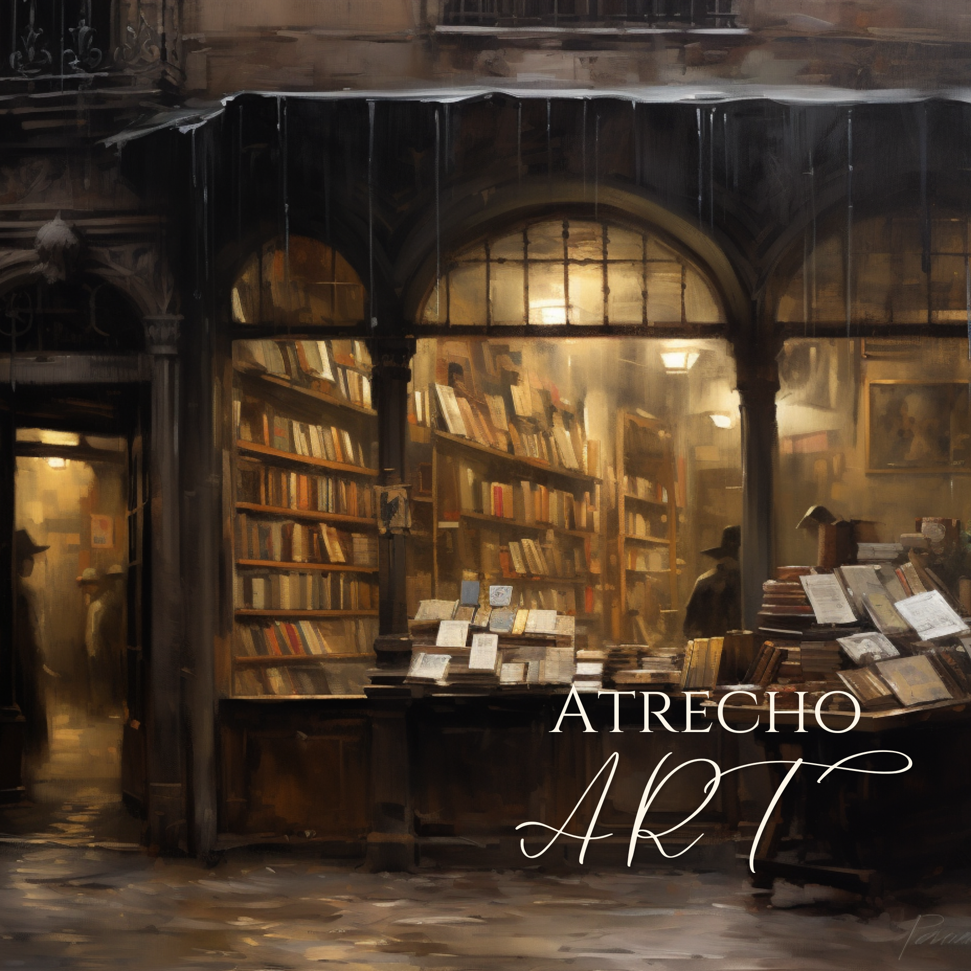 Old bookshop art print showing floor-to-ceiling shelves with iron balcony and warm amber light, AR24 by Atrecho Art 