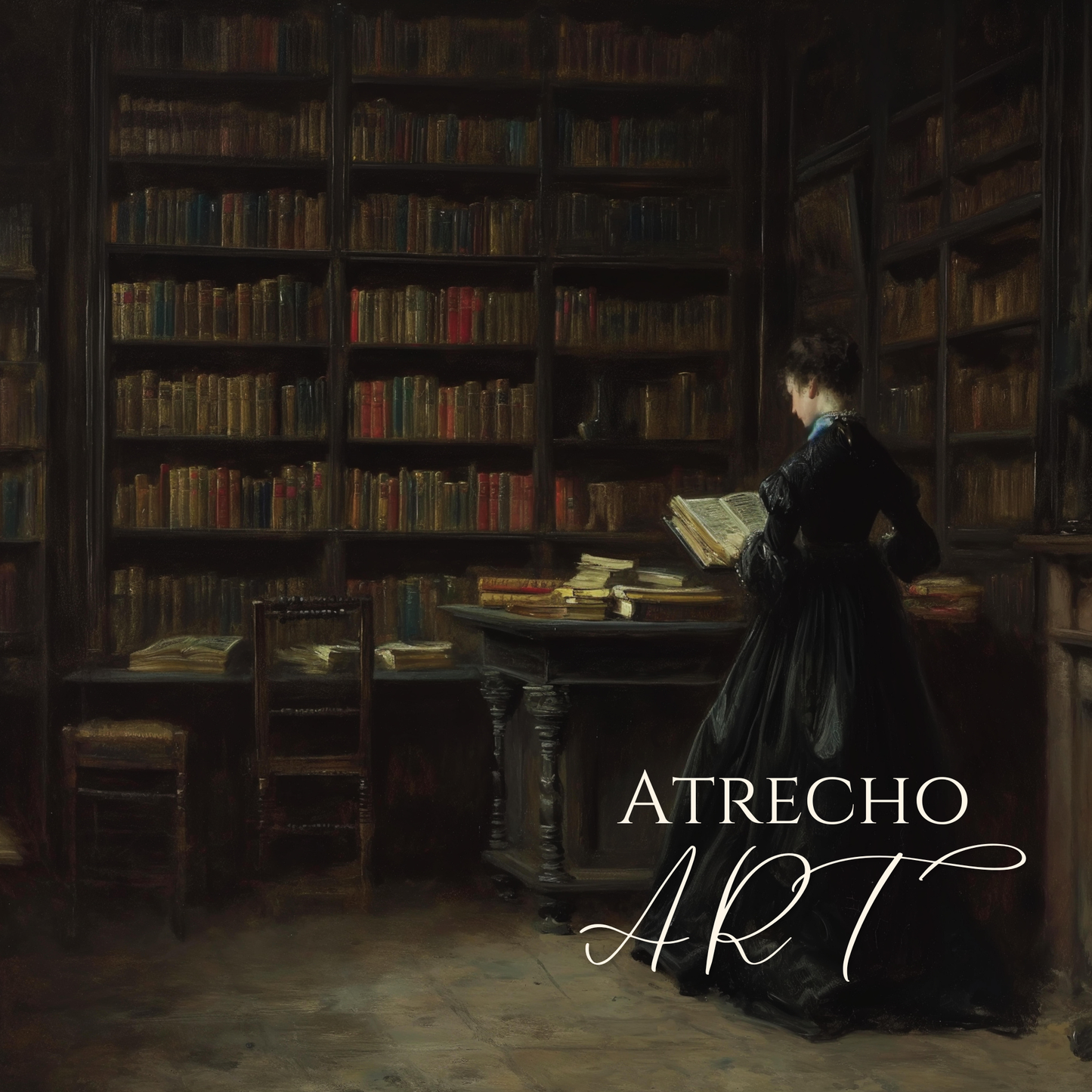 Dark academia library print of Victorian woman reading among floor-to-ceiling bookshelves, archival quality 
