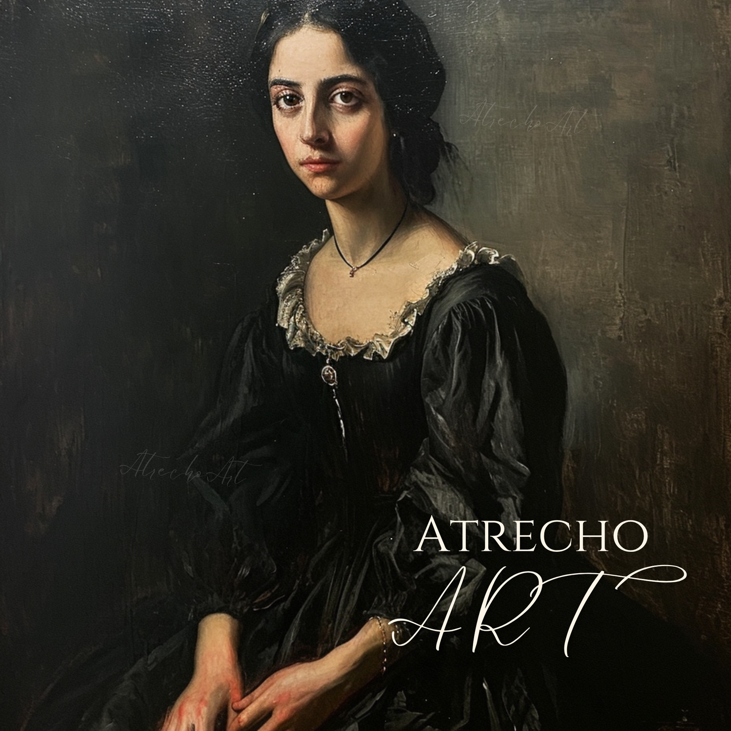 Elena witchcore portrait print featuring a Victorian woman in black dress with contemplative gaze against dark moody background classical European painting style