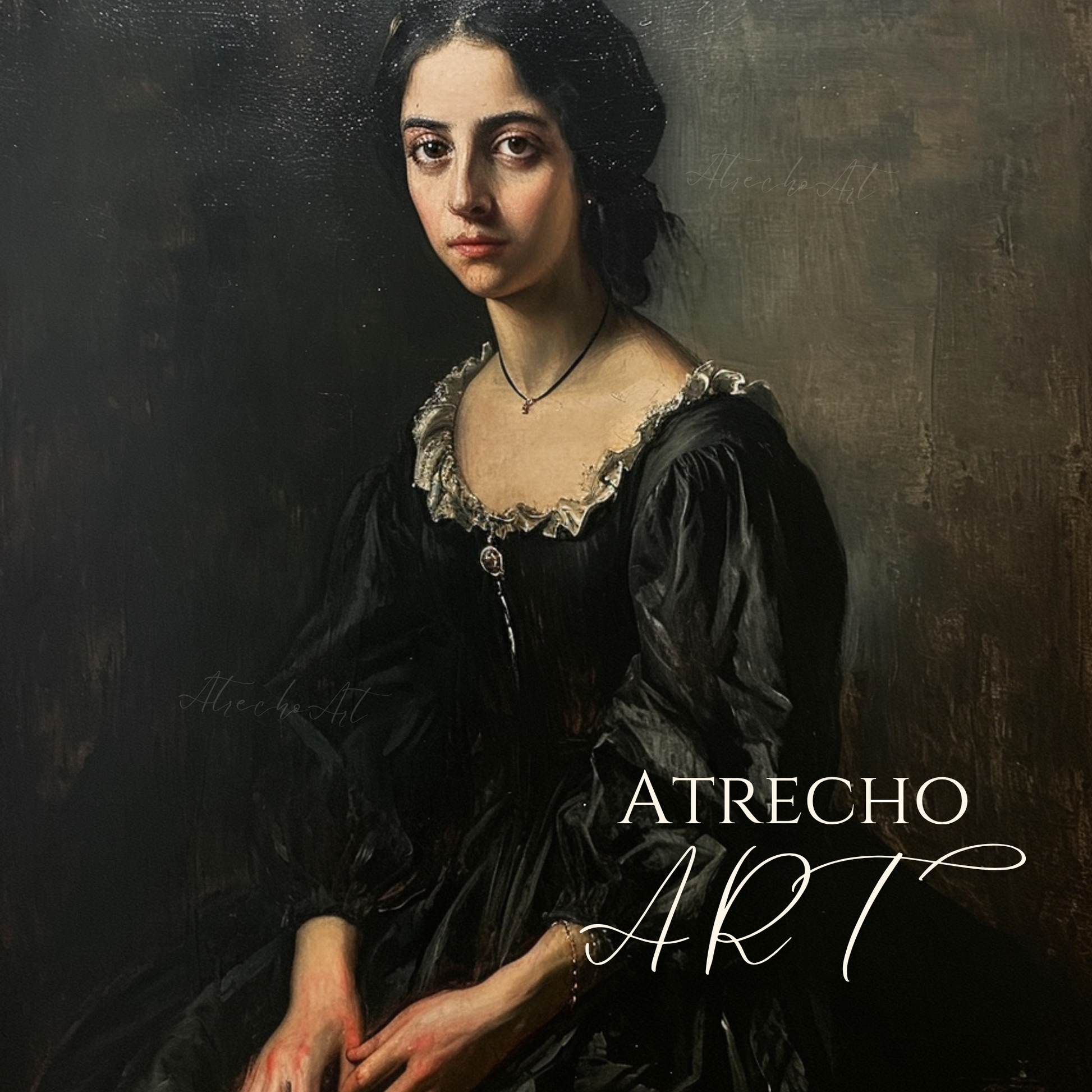 Elena witchcore portrait print featuring a Victorian woman in black dress with contemplative gaze against dark moody background classical European painting style