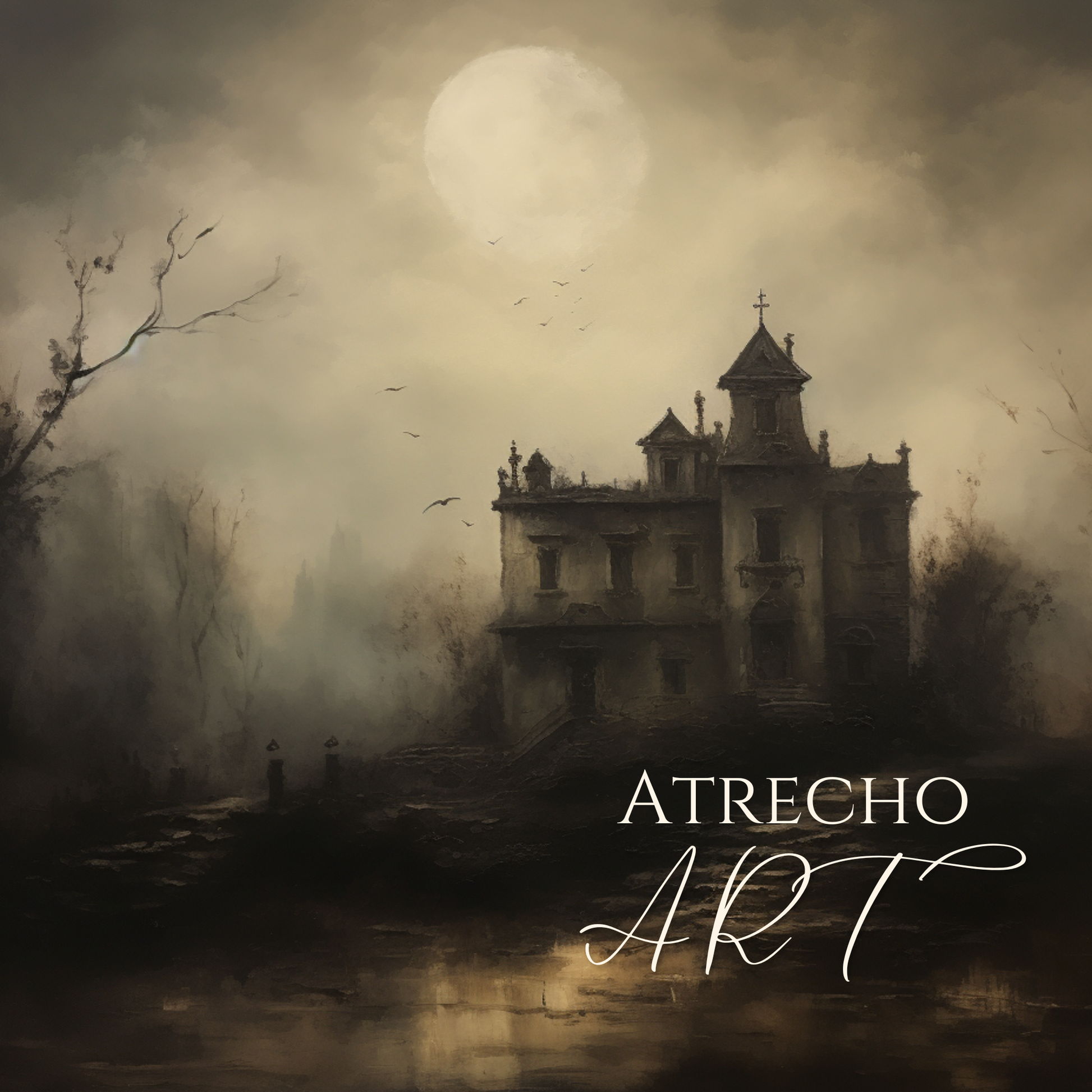 Full haunted house print — fog-veiled gothic manor, full moon, skeletal trees and dark birds, moody nocturne by Atrecho Art