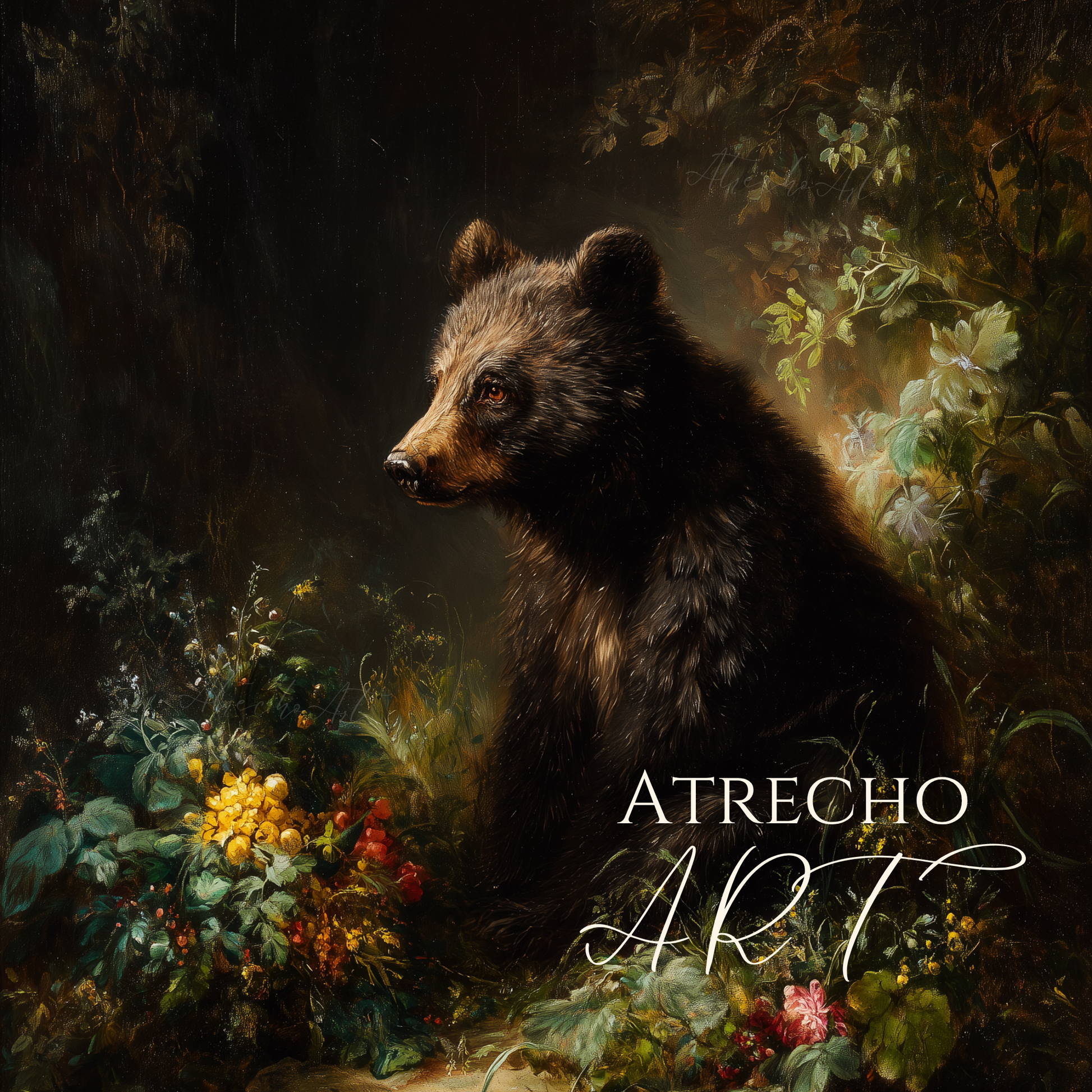 Full brown bear print — a cub on a stone ledge amid marigold and crimson blooms in candlelit shadow, by Atrecho Art