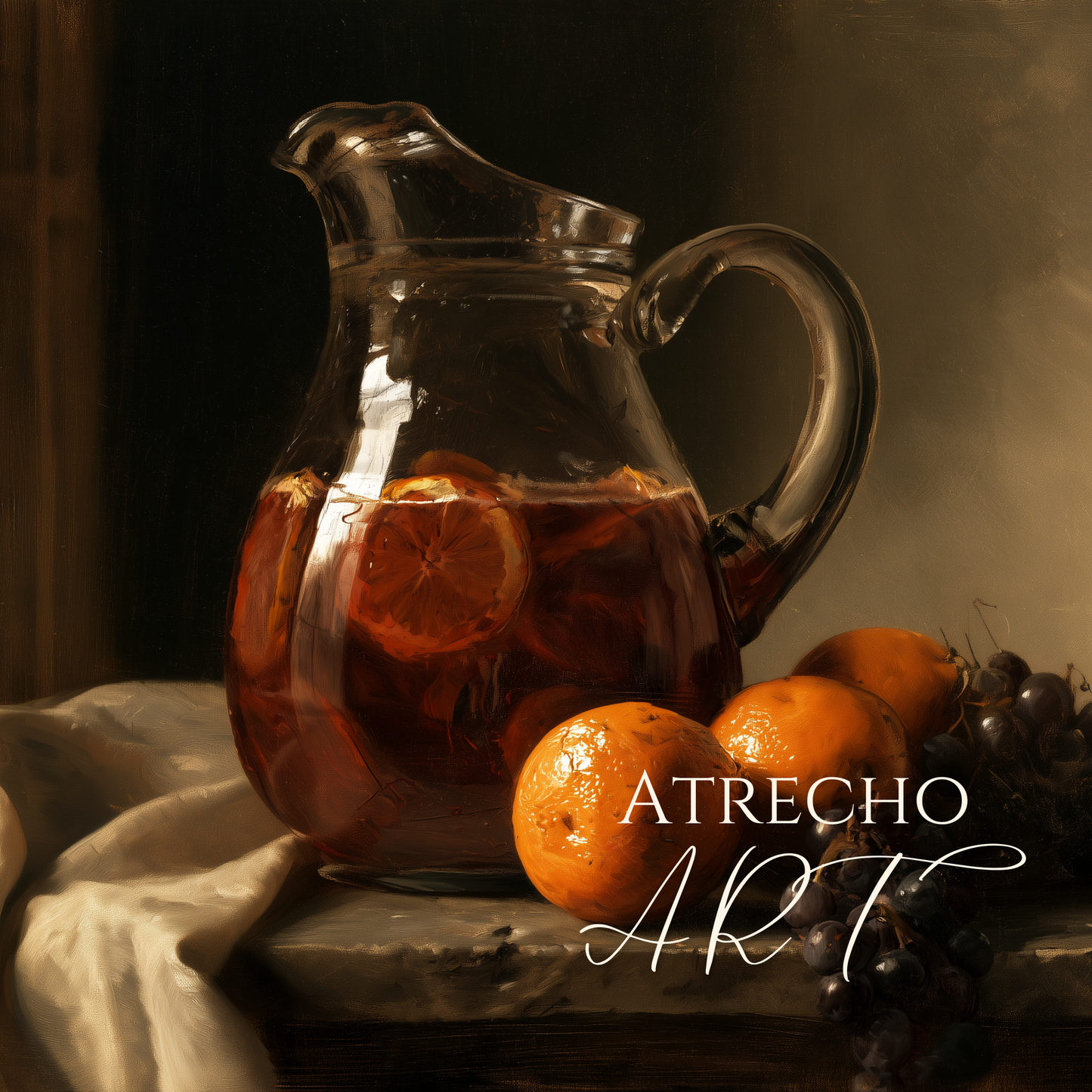 Glass pitcher of sangria glowing garnet and amber, citrus wheels floating against dark shadow, by Atrecho Art