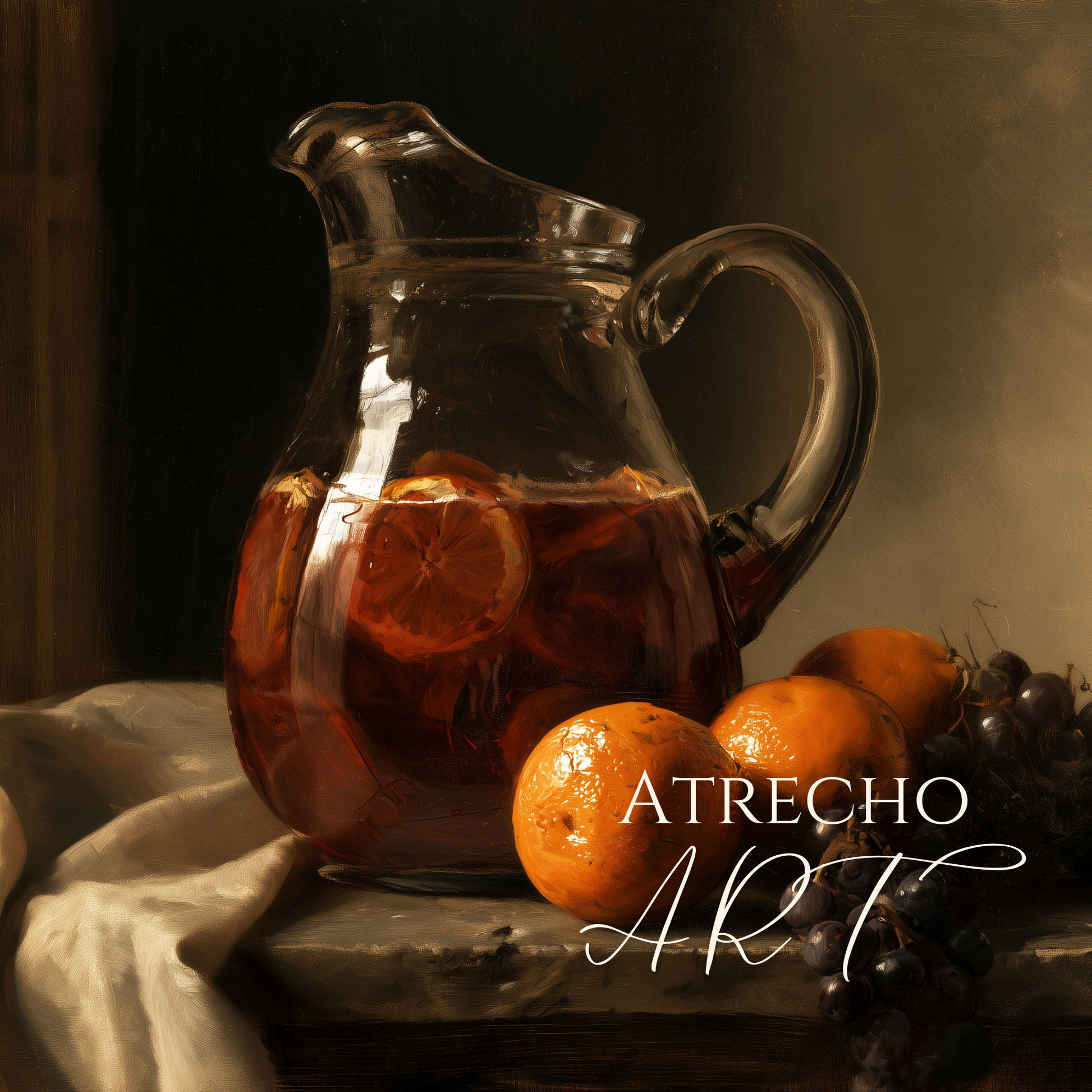 Glass pitcher of sangria glowing garnet and amber, citrus wheels floating against dark shadow, by Atrecho Art