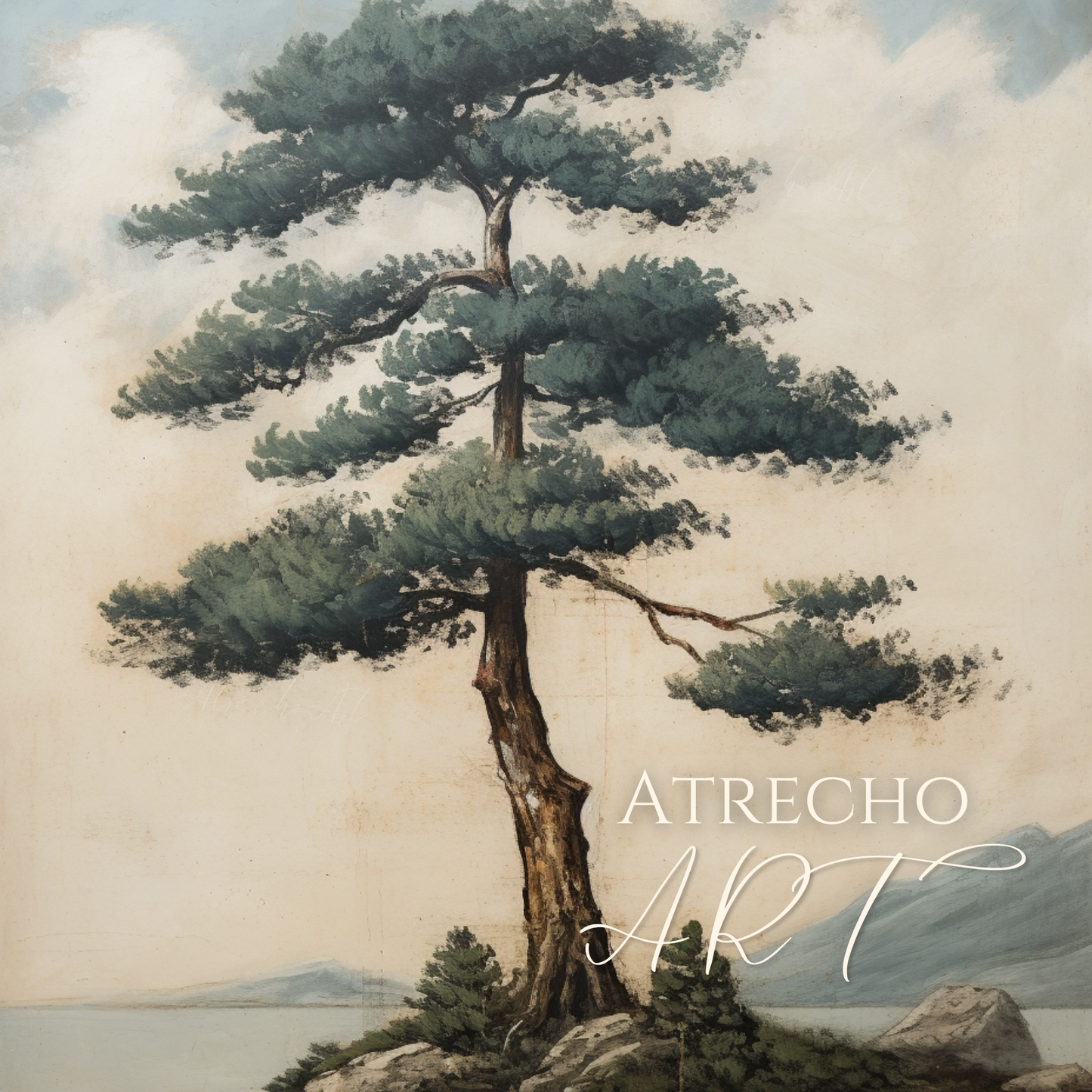 Lone windswept pine on a rocky shore, tiered blue-green canopy against a pale ivory sky, vintage art print, by Atrecho Art
