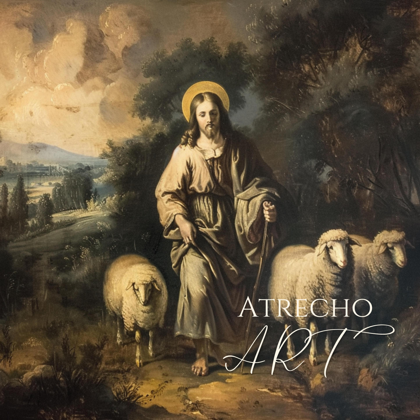 Classical religious art print of The Lord is My Shepherd featuring a robed figure with golden halo standing with sheep in pastoral European landscape with atmospheric Old Masters painting style