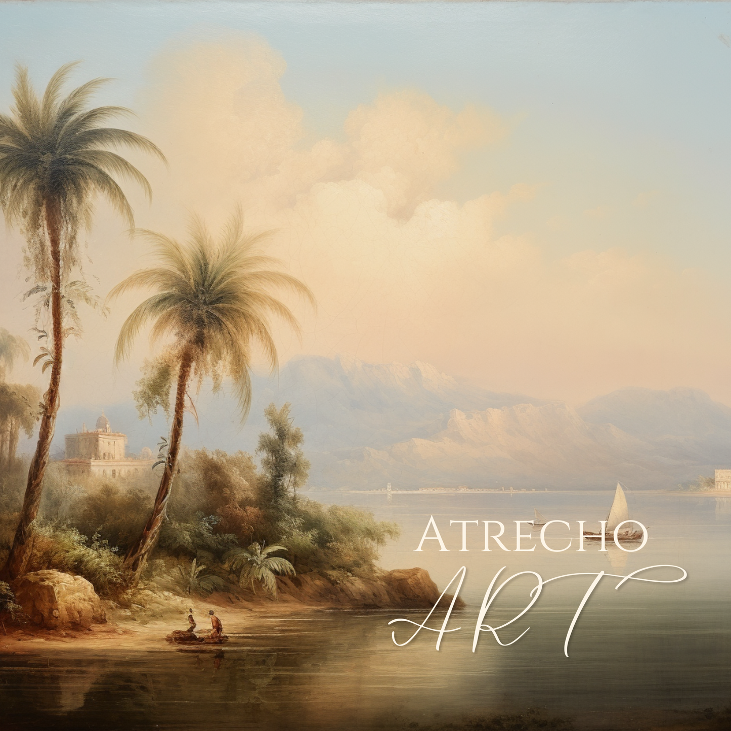 Full view of an Italianate coastal landscape art print, palms framing a mirror-still bay at golden hour, by Atrecho Art