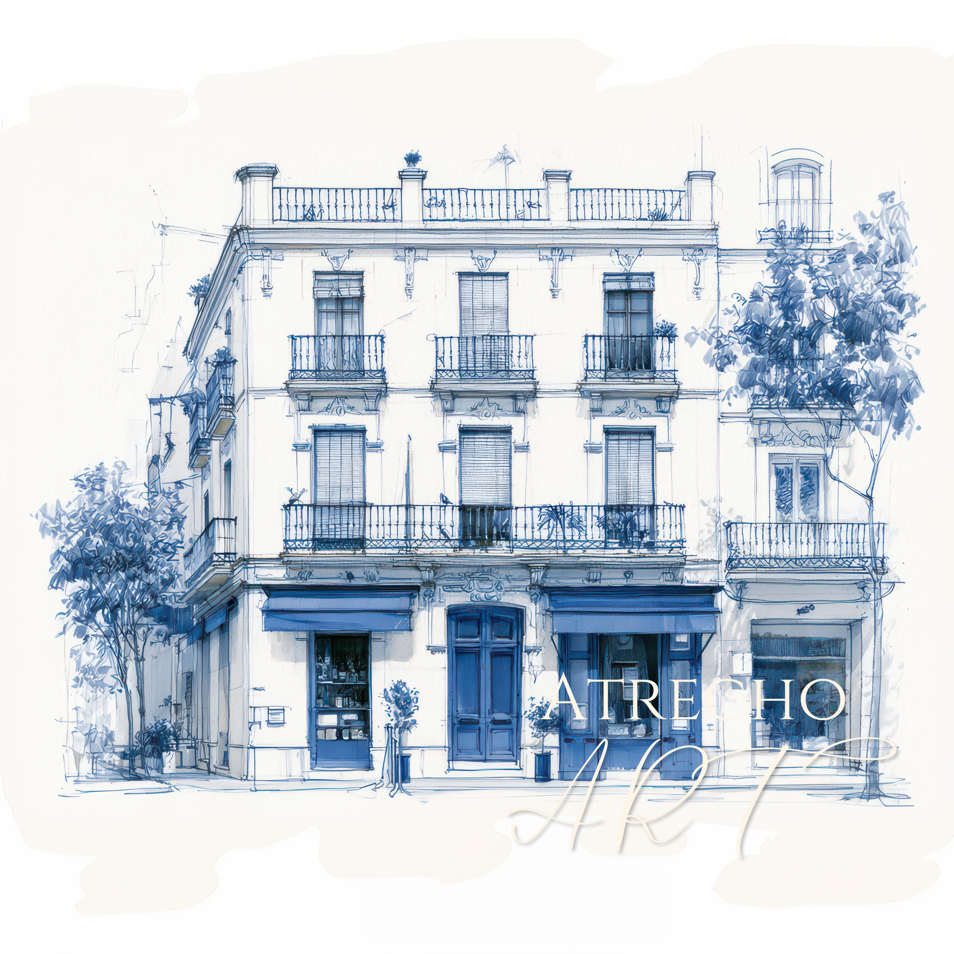 Full blue-ink architectural sketch of a three-storey corner townhouse with iron balconies over shopfronts by Atrecho Art