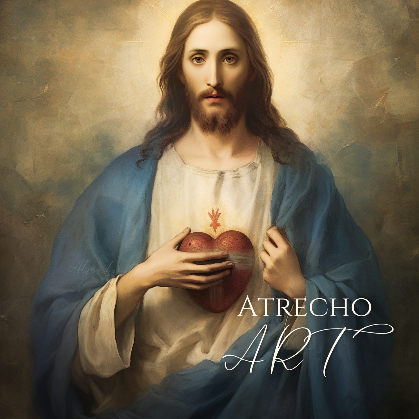 Sacred Heart of Jesus print showing Christ in blue robes with glowing sacred heart, golden halo and divine light for Catholic religious wall art