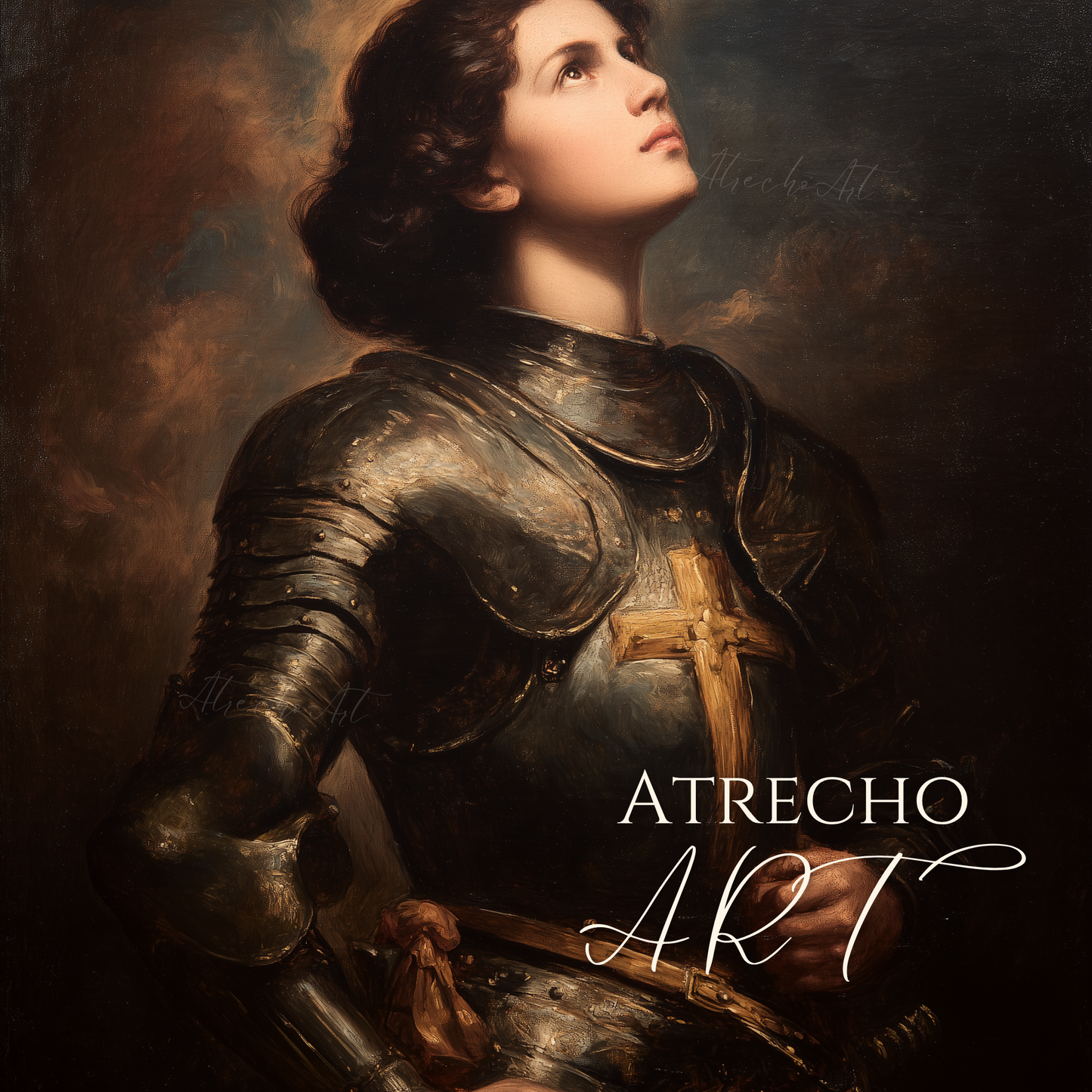 (02 full print) Full Joan of Arc print, the armored warrior saint gazing upward in prayer against smoky umber shadow, by Atrecho Art