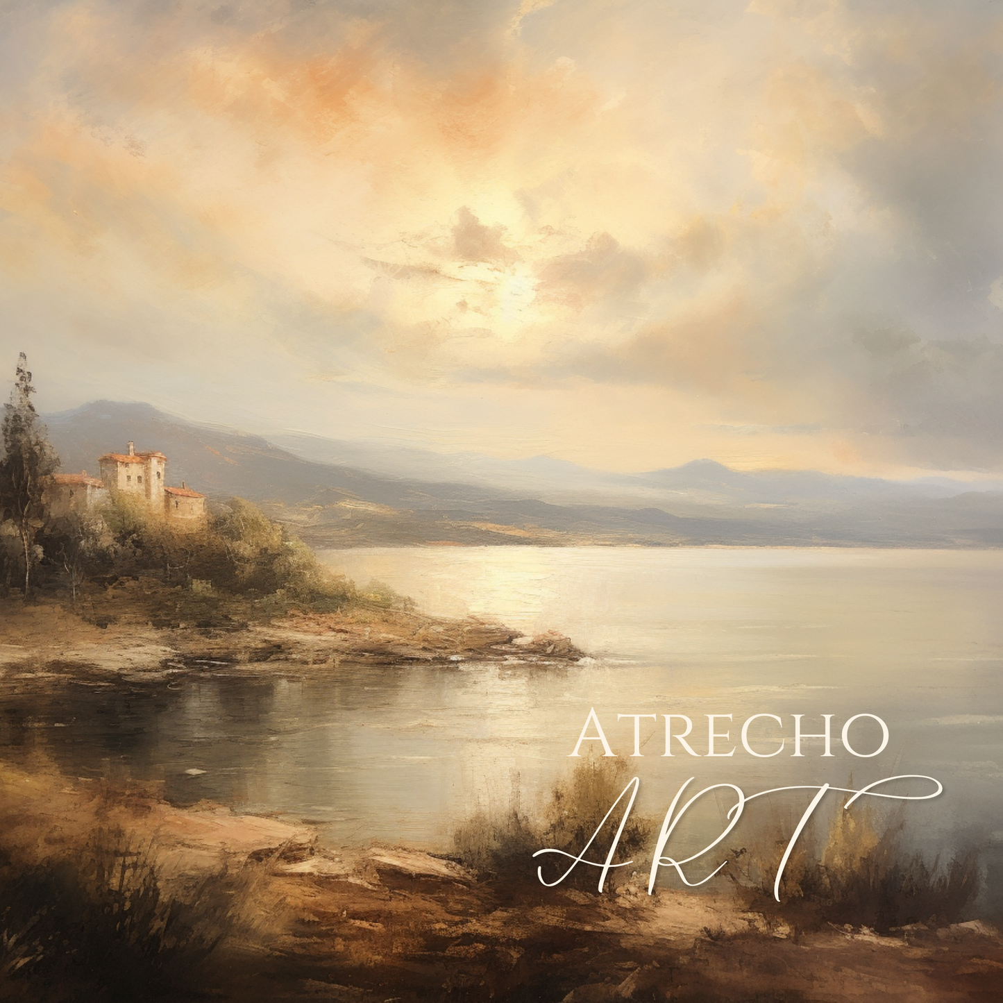 Vintage atmospheric lake landscape print with golden hour lighting and misty romantic scenery for light academia decor