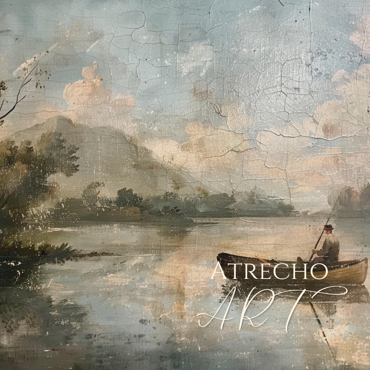 Lone fisherman in a rowboat on a calm lake with misty blue mountains — aged oil painting texture in soft blue and cream