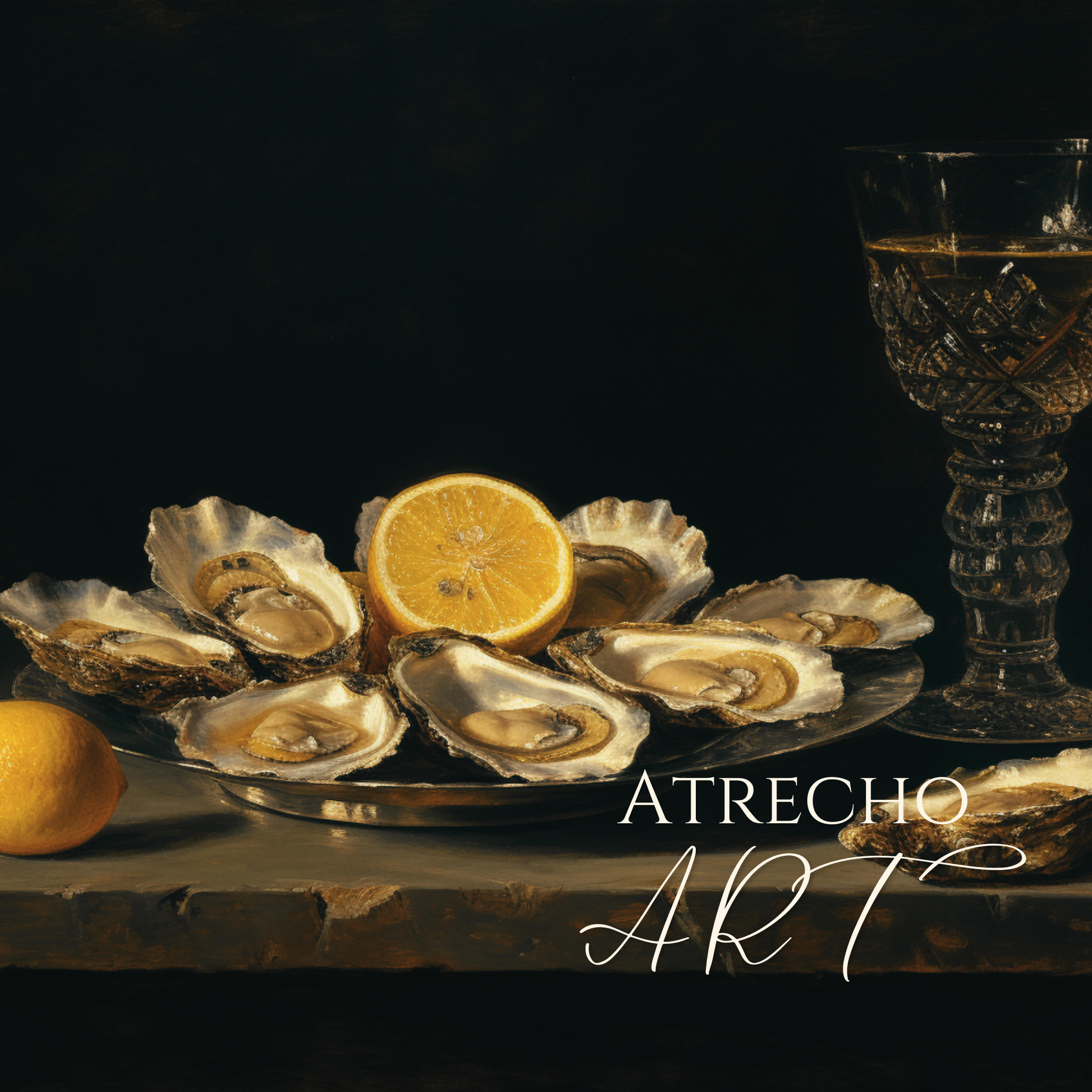 Opened oysters on silver plate with lemon and cut-crystal goblet — dramatic Old Master still life wall art