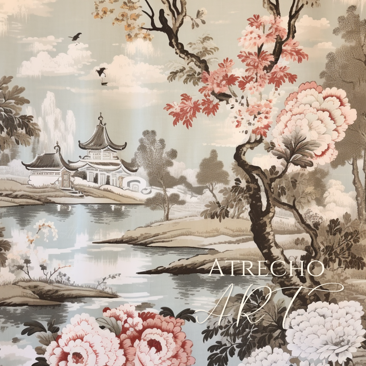 Chinoiserie panel with a flowering tree, pink peonies, and a misty pagoda on dove grey, by Atrecho Art