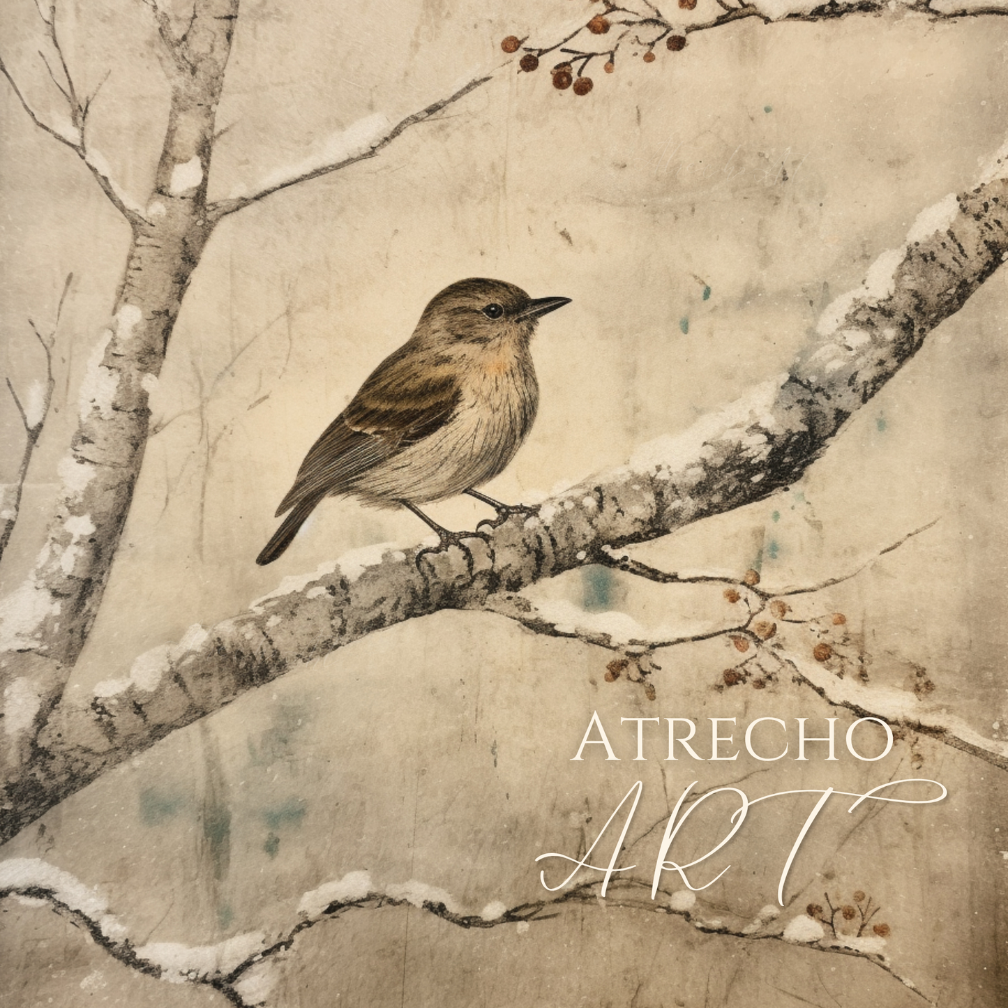 Full winter bird print — lone songbird on a snow-dusted birch branch with russet berries on aged paper, by Atrecho Art