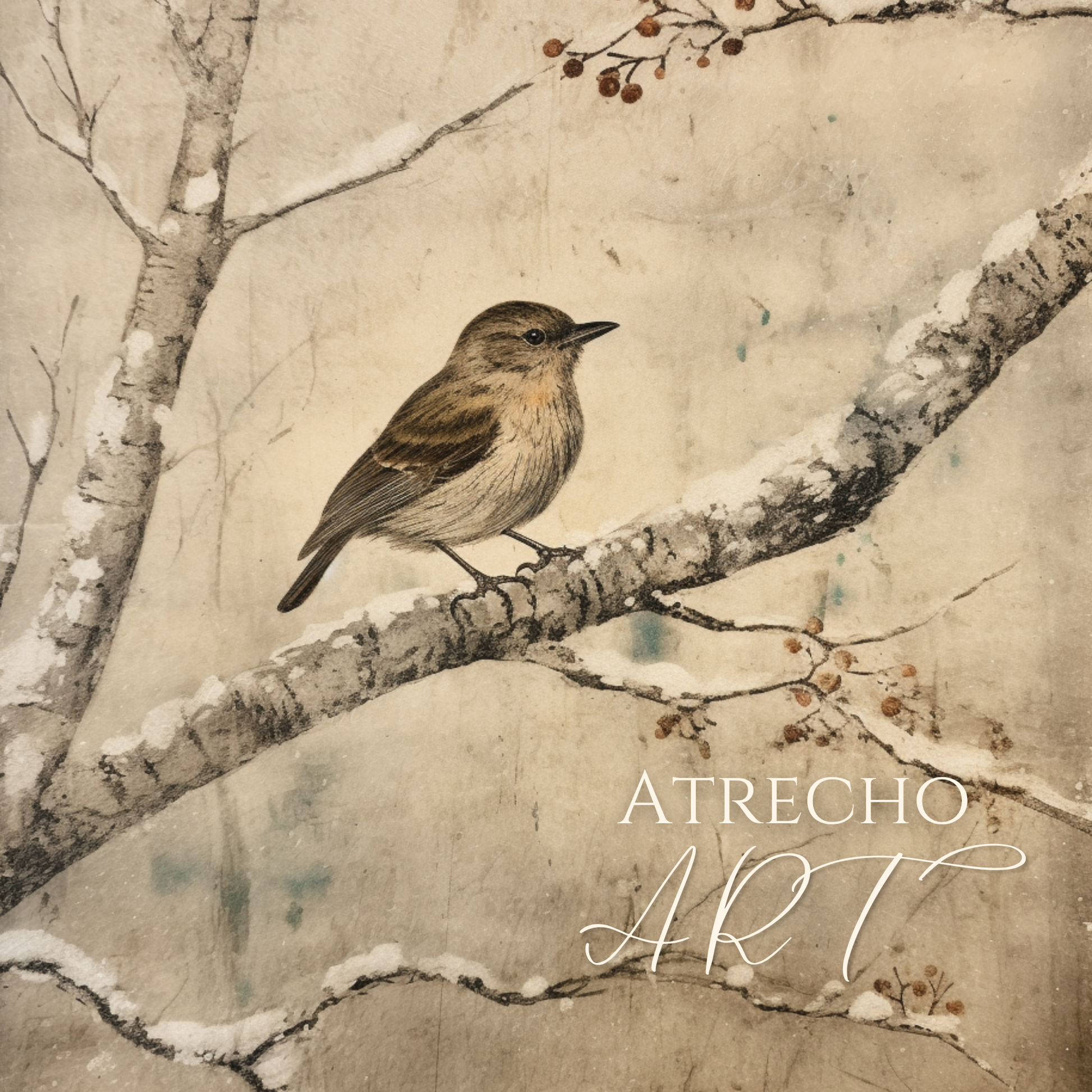 Full winter bird print — lone songbird on a snow-dusted birch branch with russet berries on aged paper, by Atrecho Art