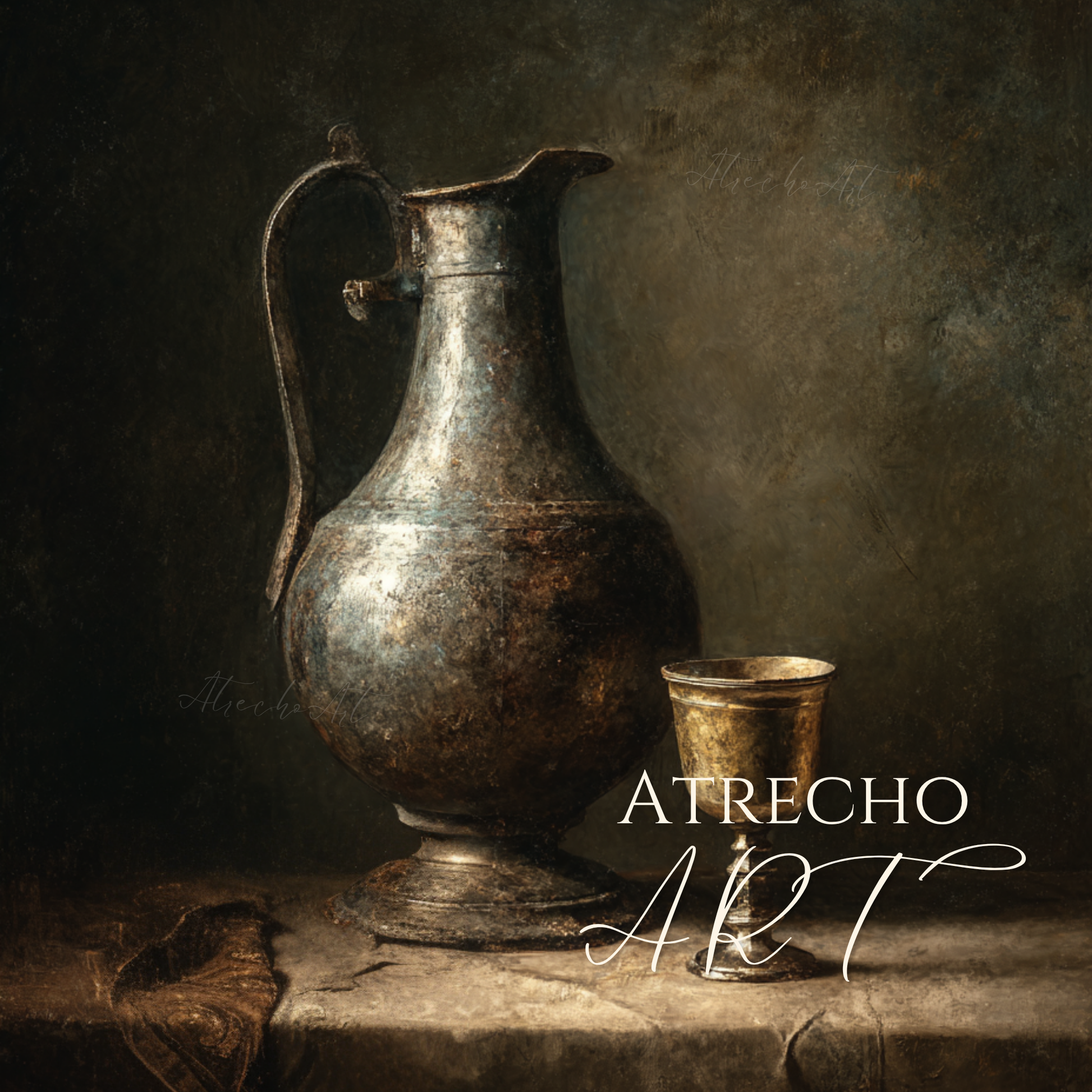 Full Baroque still life print of a tarnished pewter wine pitcher and gilded goblet in candlelit shadow, by Atrecho Art