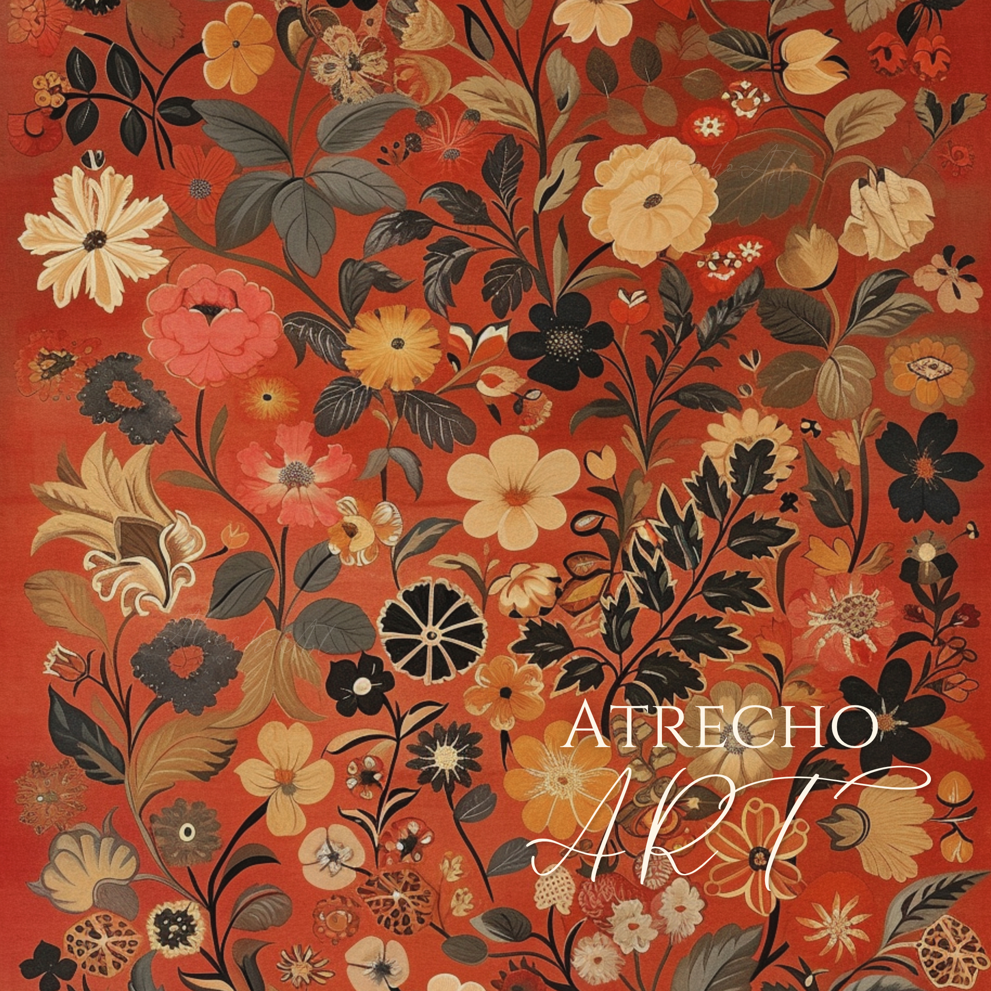 Full autumn floral print — marigolds, roses, and charcoal leaves scattered edge to edge on brick-red, by Atrecho Art