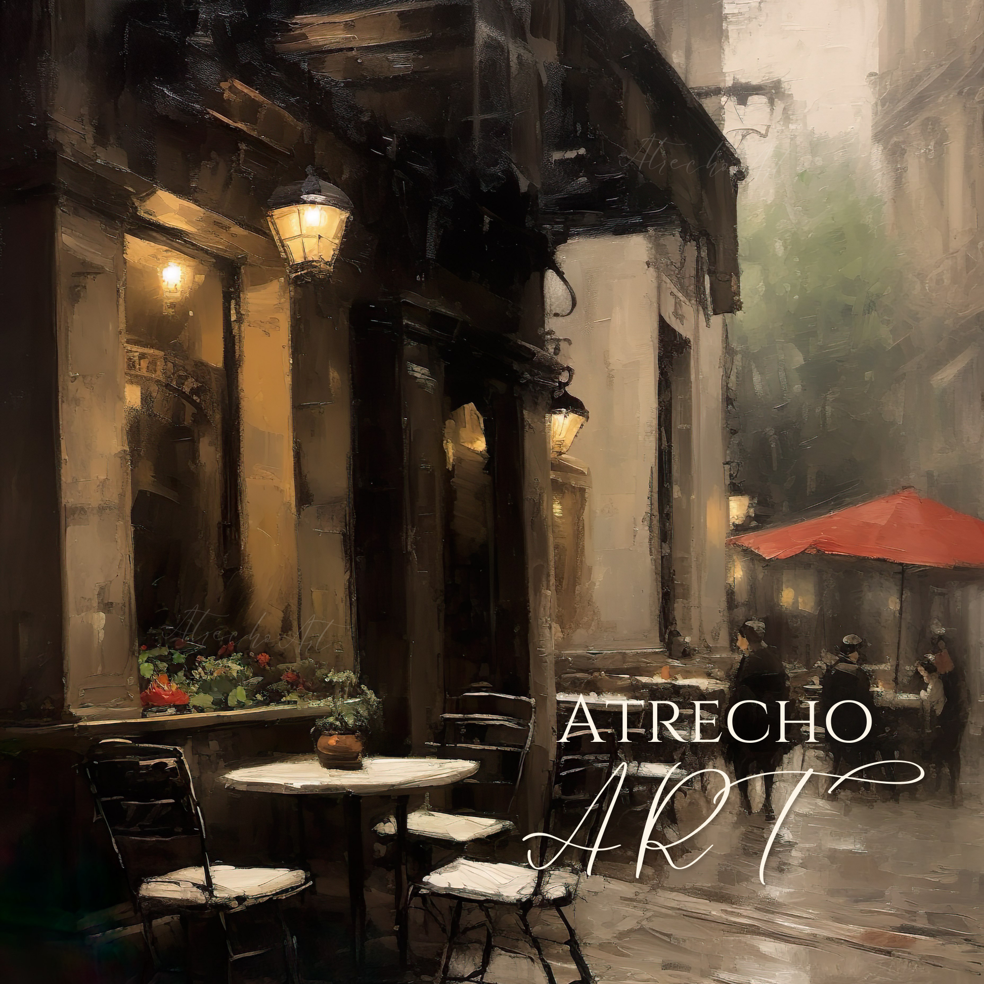European cafe wall art featuring atmospheric street scene with outdoor dining, vintage lanterns, and cozy bistro ambiance perfect for coffee shop decor