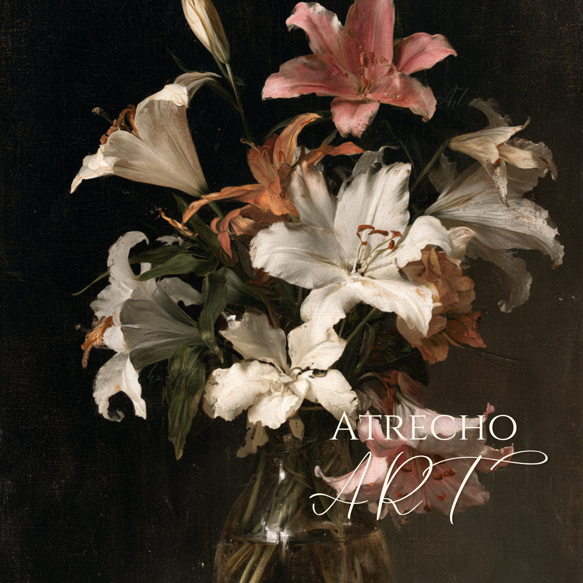 Baroque still life of white, pink, and tiger lilies in a glass vase against a black ground by Atrecho Art