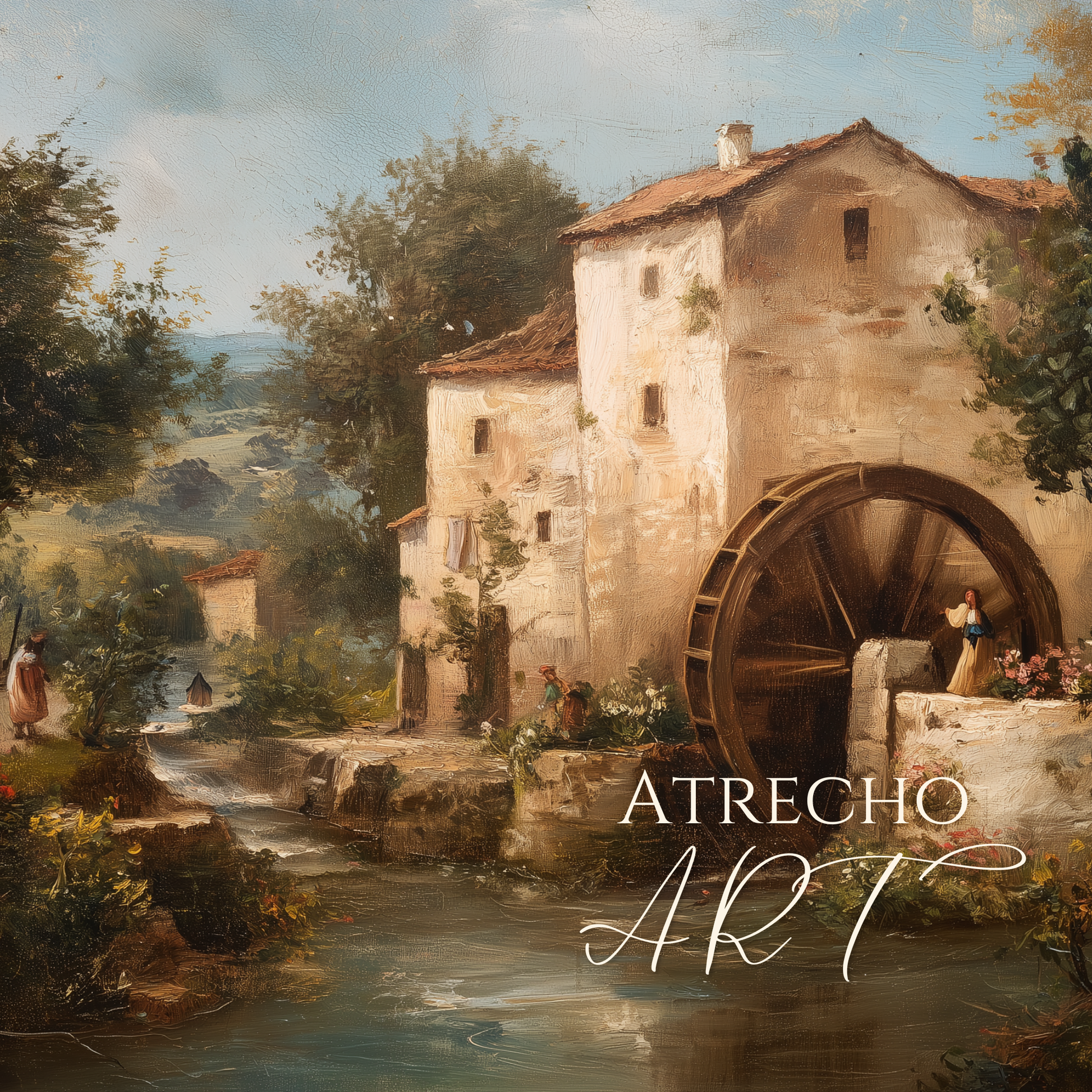 European watermill landscape with large wooden water wheel, ochre stone buildings, figures by the river, and rolling green hills in warm afternoon light