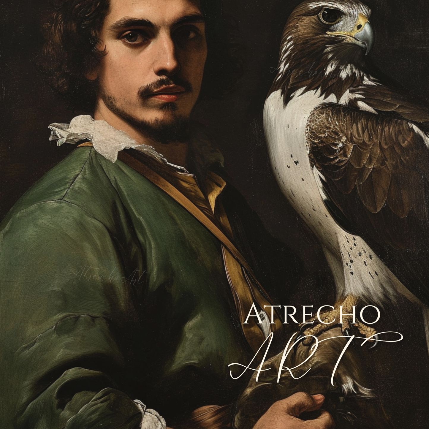 Classical falconry art print showing bearded falconer in green tunic holding majestic brown and white falcon against dark background in European old master style