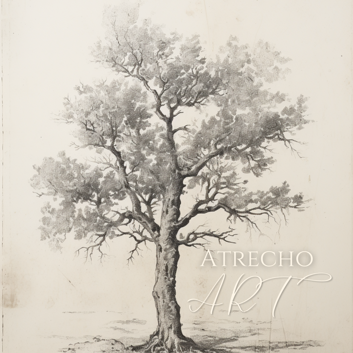 Full sweet chestnut tree print, a solitary gnarled specimen with a stippled slate-gray crown by Atrecho Art