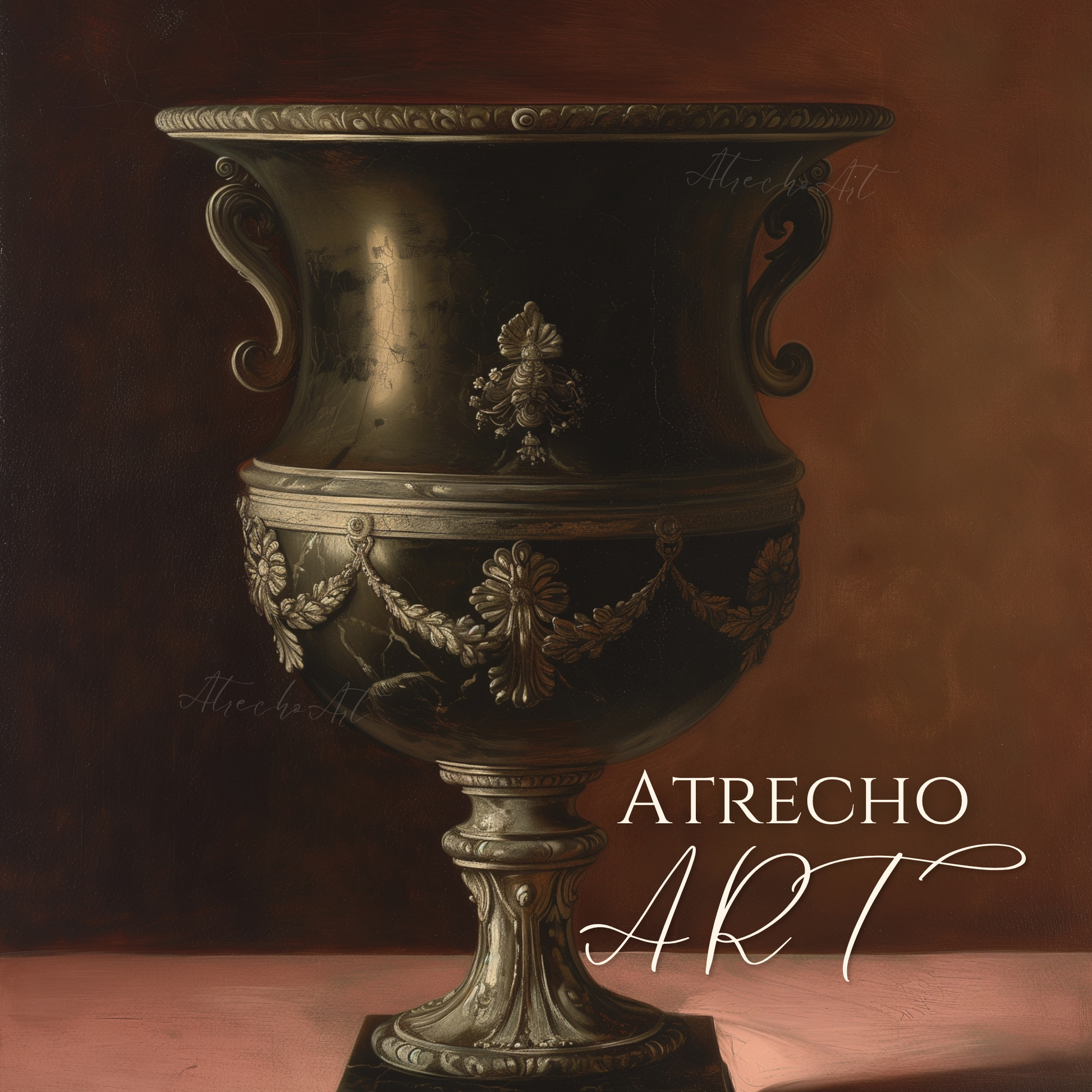 The neoclassical urn in full — twin scrolled handles and swagged laurel garlands on a patinated bronze body by Atrecho Art